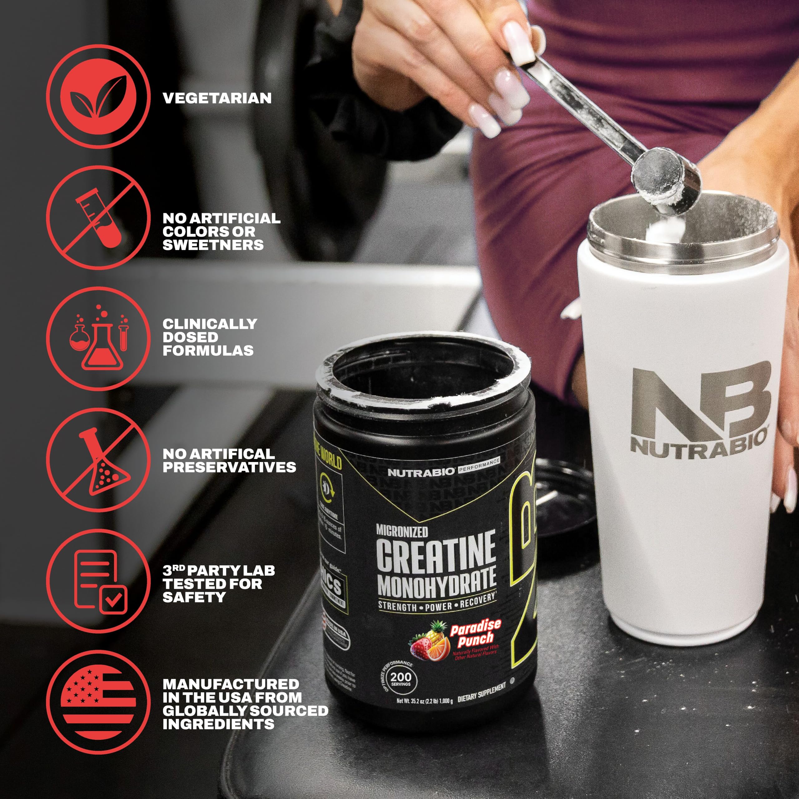 NutraBio Pure Micronized Creatine Monohydrate Powder Supplement,Paradise Punch,(300g)-Supports Bulk Muscle Energy, Recovery, and Strength-HPLC Tested Creatine Powder Supplement for Men and Women - Image 5