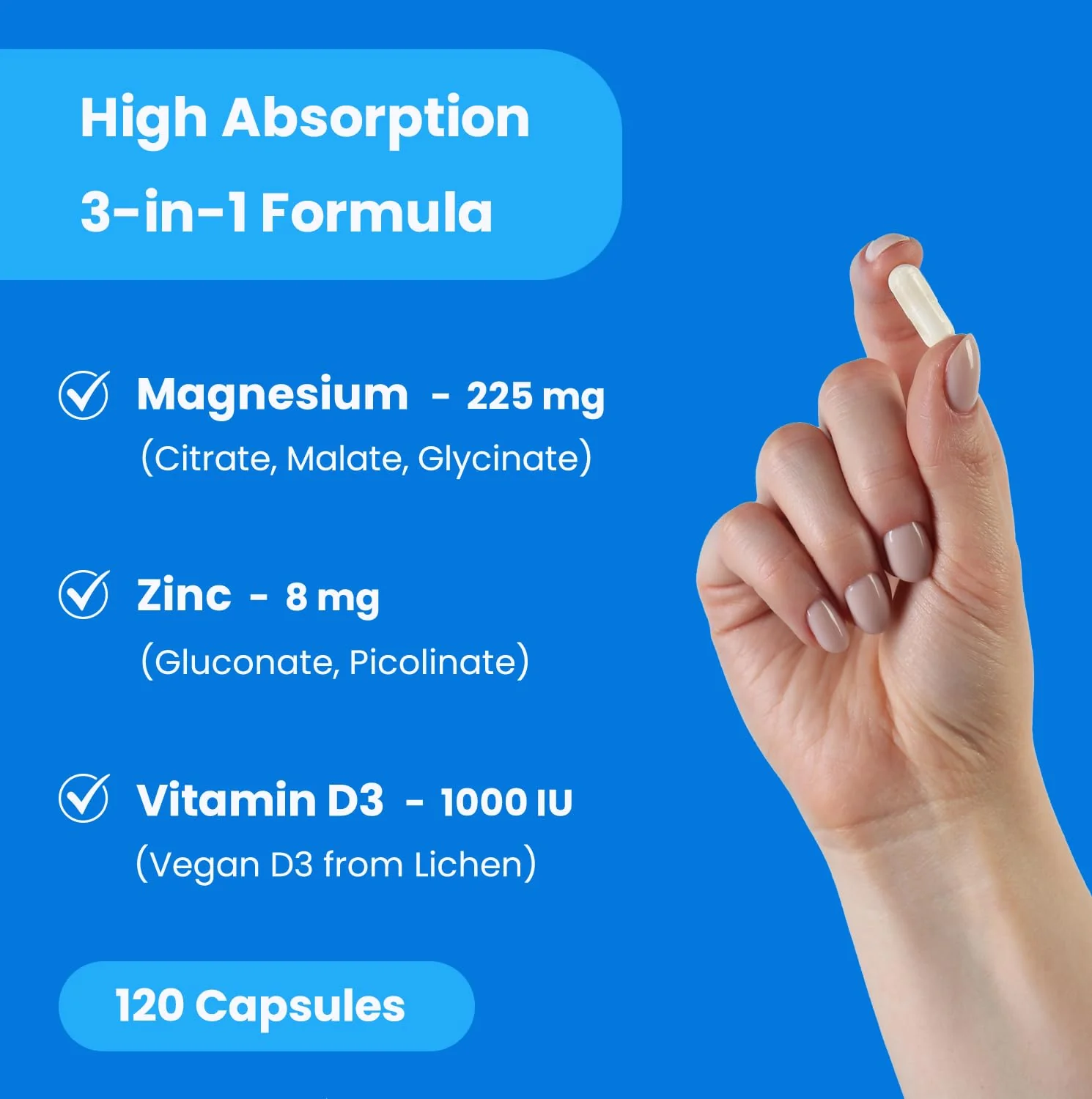 NutraChamps Magnesium Zinc & Vitamin D3 Supplement - Most Bioavailable Forms; Magnesium Glycinate, Malate, Citrate - Bone, Muscle & Heart Health, Immune Support - 120 Vegan Capsules - Image 4