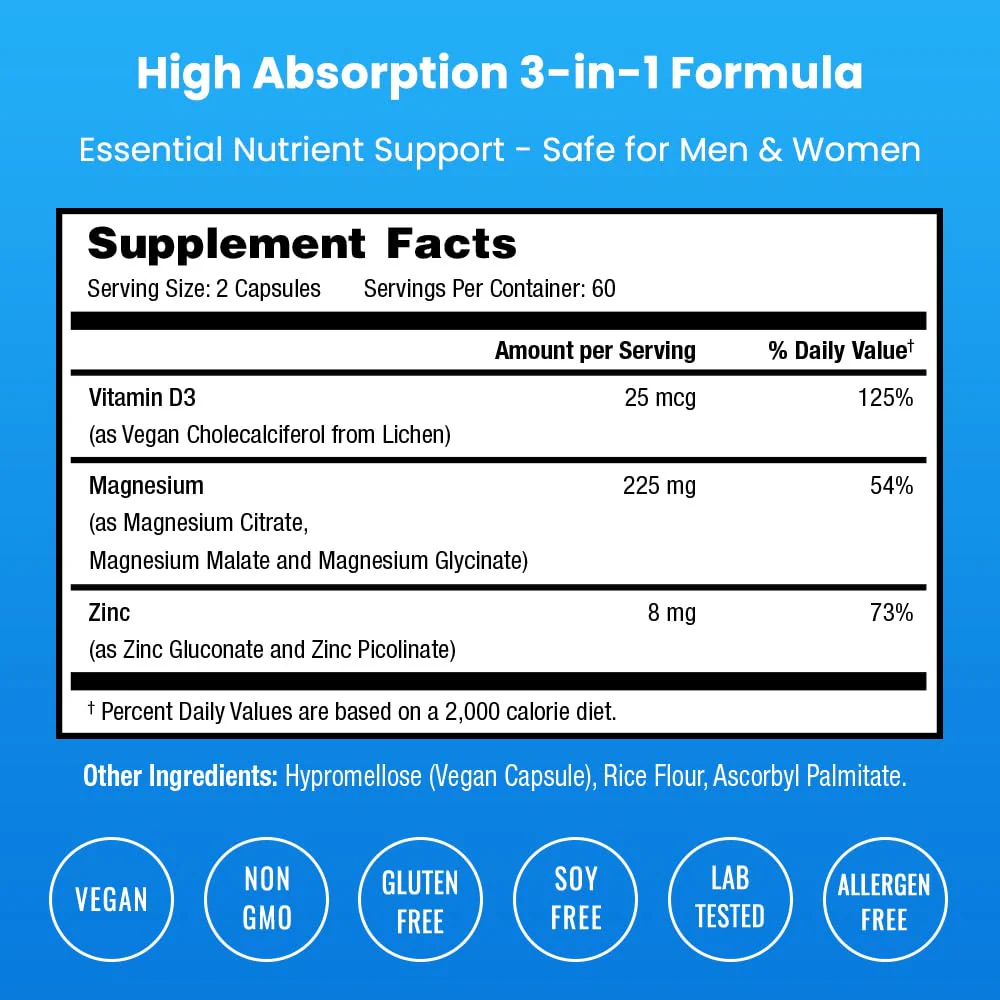 NutraChamps Magnesium Zinc & Vitamin D3 Supplement - Most Bioavailable Forms; Magnesium Glycinate, Malate, Citrate - Bone, Muscle & Heart Health, Immune Support - 120 Vegan Capsules - Image 6