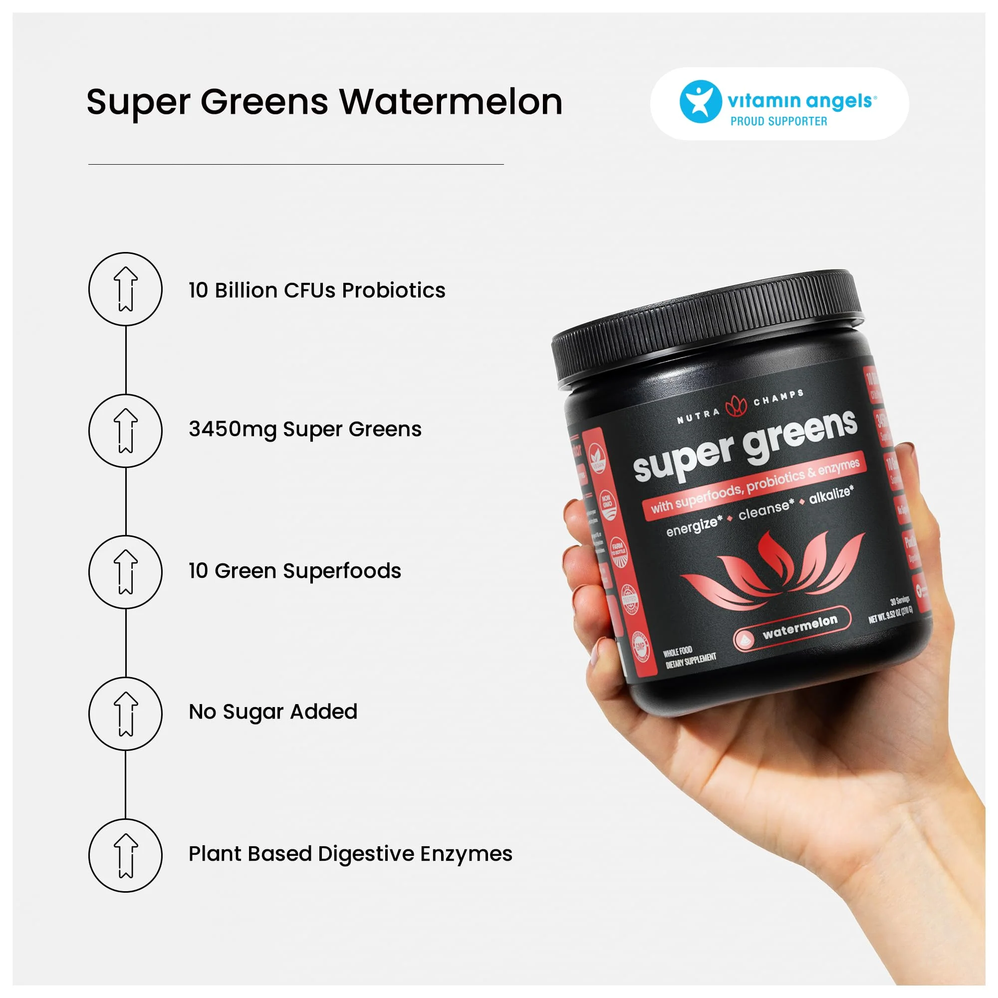 NutraChamps Super Greens Powder Premium Superfood | 20+ Organic Green Veggie Whole Foods | Alfalfa, Spirulina, Chlorella & More | Antioxidant, Digestive Enzyme & Probiotic Blends | Watermelon - Image 4