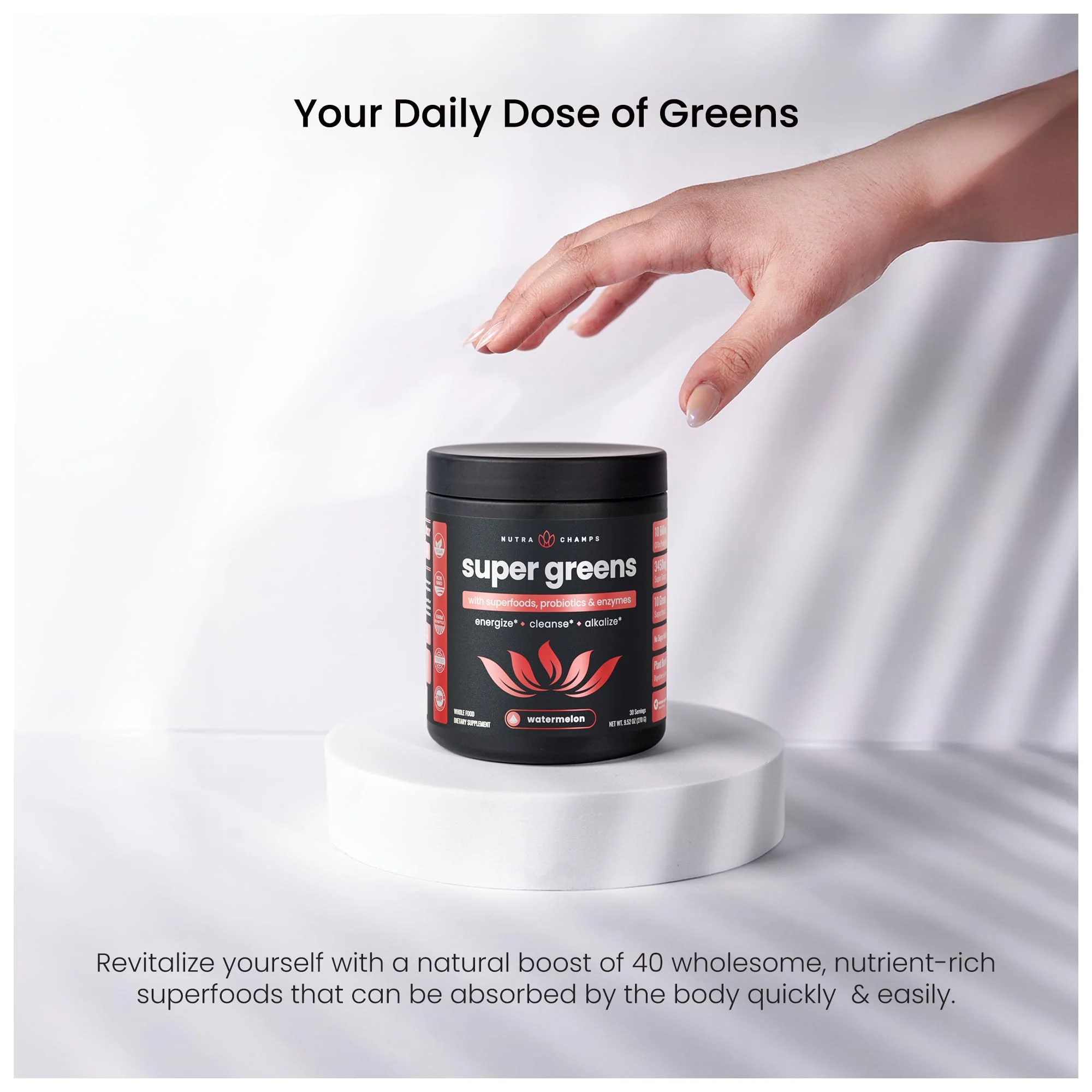 NutraChamps Super Greens Powder Premium Superfood | 20+ Organic Green Veggie Whole Foods | Alfalfa, Spirulina, Chlorella & More | Antioxidant, Digestive Enzyme & Probiotic Blends | Watermelon - Image 6