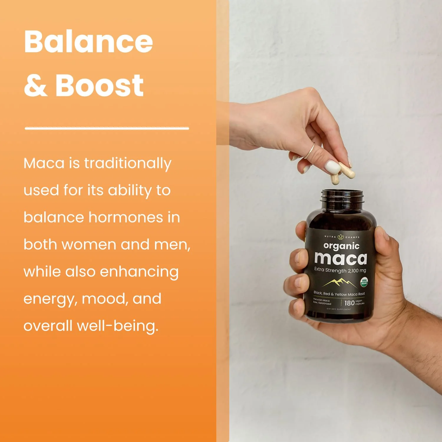 NutraChamps USDA Organic Maca Root Capsules for Women & Men, 2100mg, 180 Capsules, Black, Red & Yellow, Peruvian Maca Peruana, Extra Strength Pure Premium Gelatinized Root Powder Supplement - Image 3