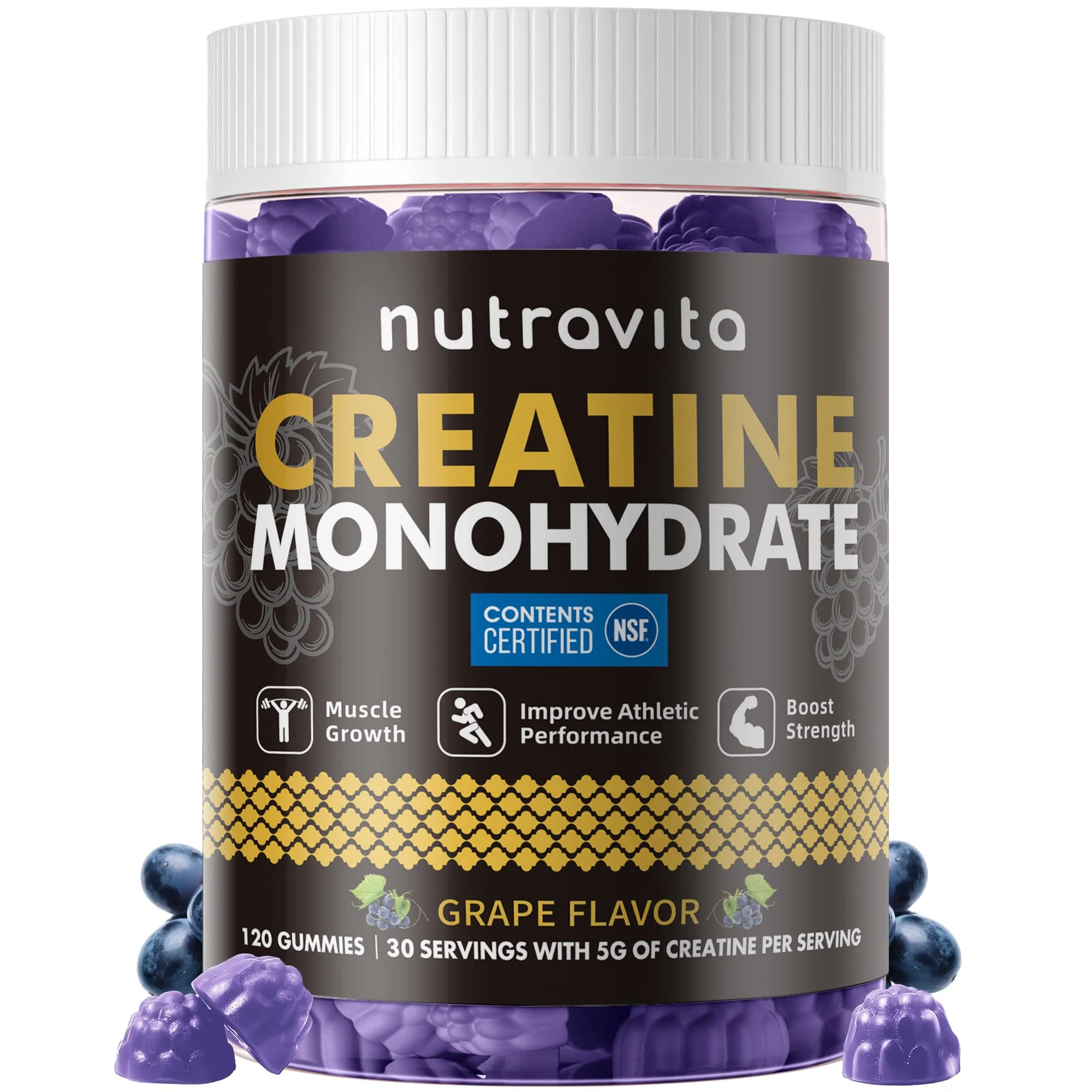 Nutravita Creatine Monohydrate Gummies for Men & Women-5g of Creatine Monohydrate per Serving - Sugar Free,Vegan, Grapes Flavor, 120 Count