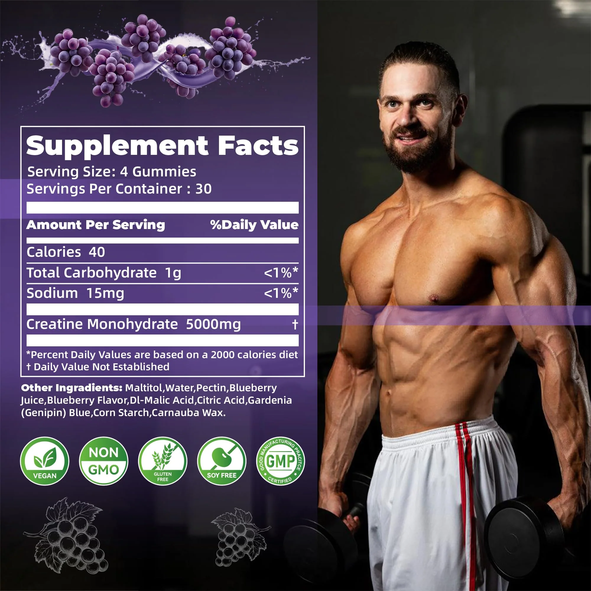 Nutravita Creatine Monohydrate Gummies for Men & Women-5g of Creatine Monohydrate per Serving - Sugar Free,Vegan, Grapes Flavor, 120 Count - Image 2