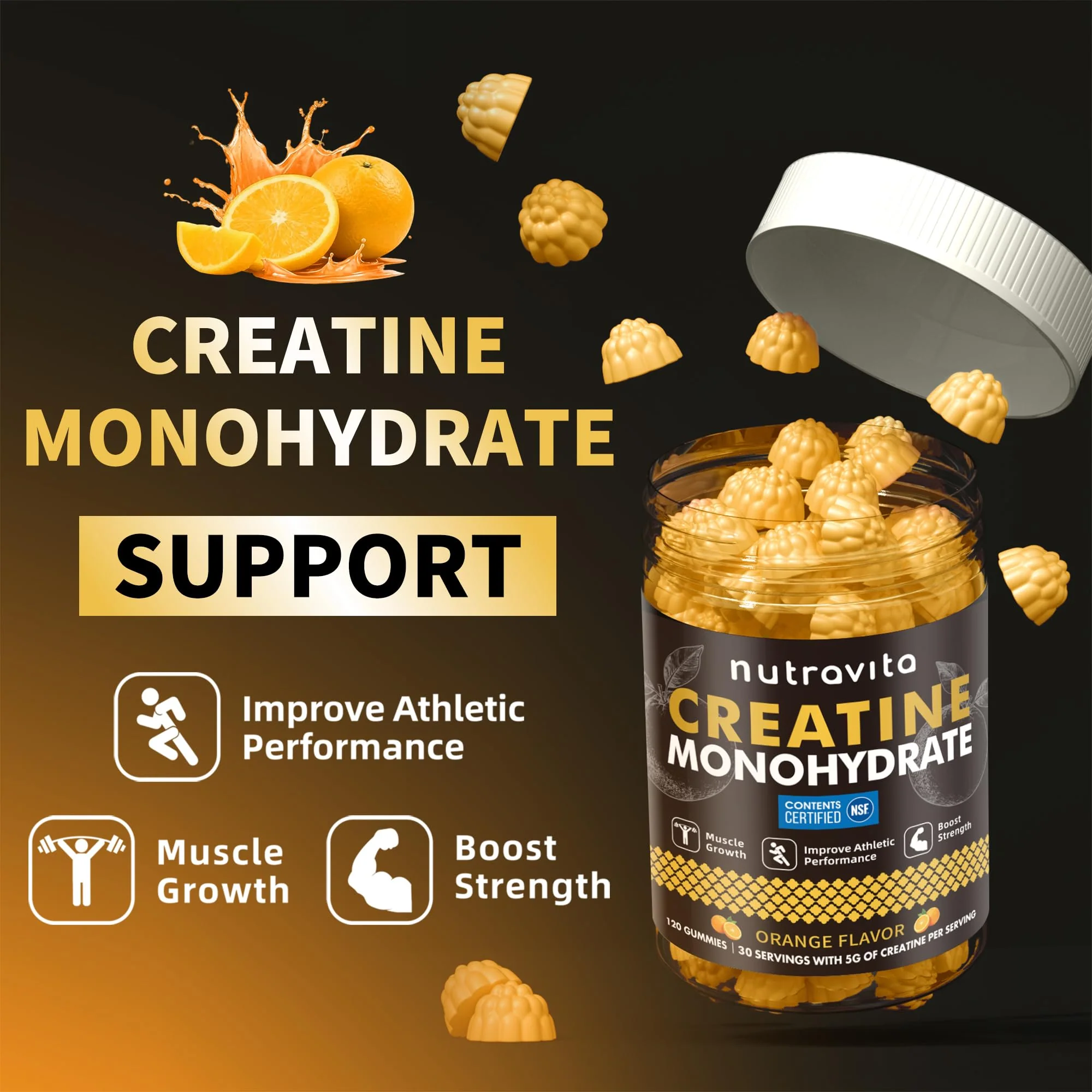 Nutravita Creatine Monohydrate Gummies for Men & Women-5g of Creatine Monohydrate per Serving - Sugar Free,Vegan, Orange Flavor, 120 Count - Image 5