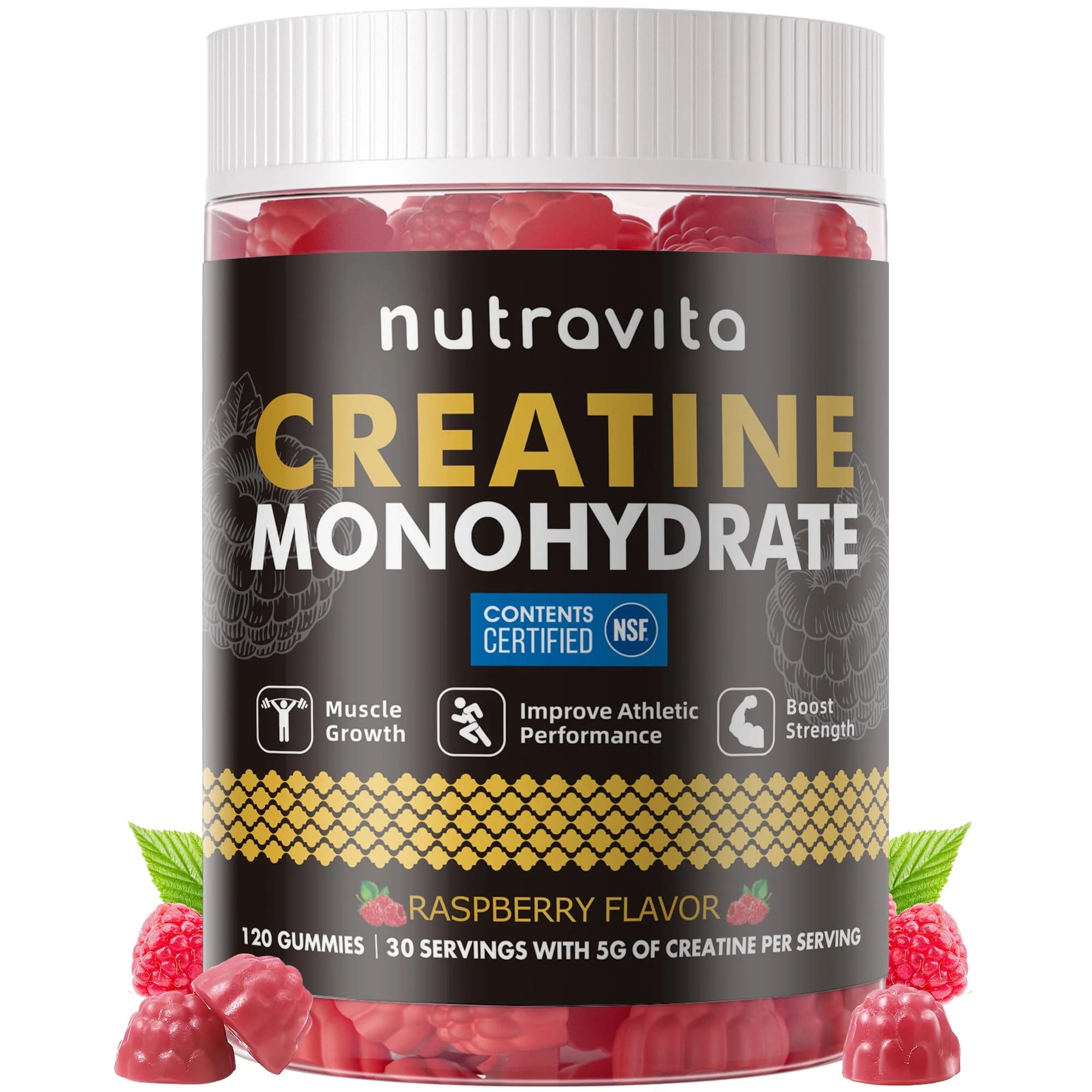 Nutravita Creatine Monohydrate Gummies for Men & Women-5g of Creatine Monohydrate per Serving - Sugar Free,Vegan, Raspberry Flavor, 120 Count
