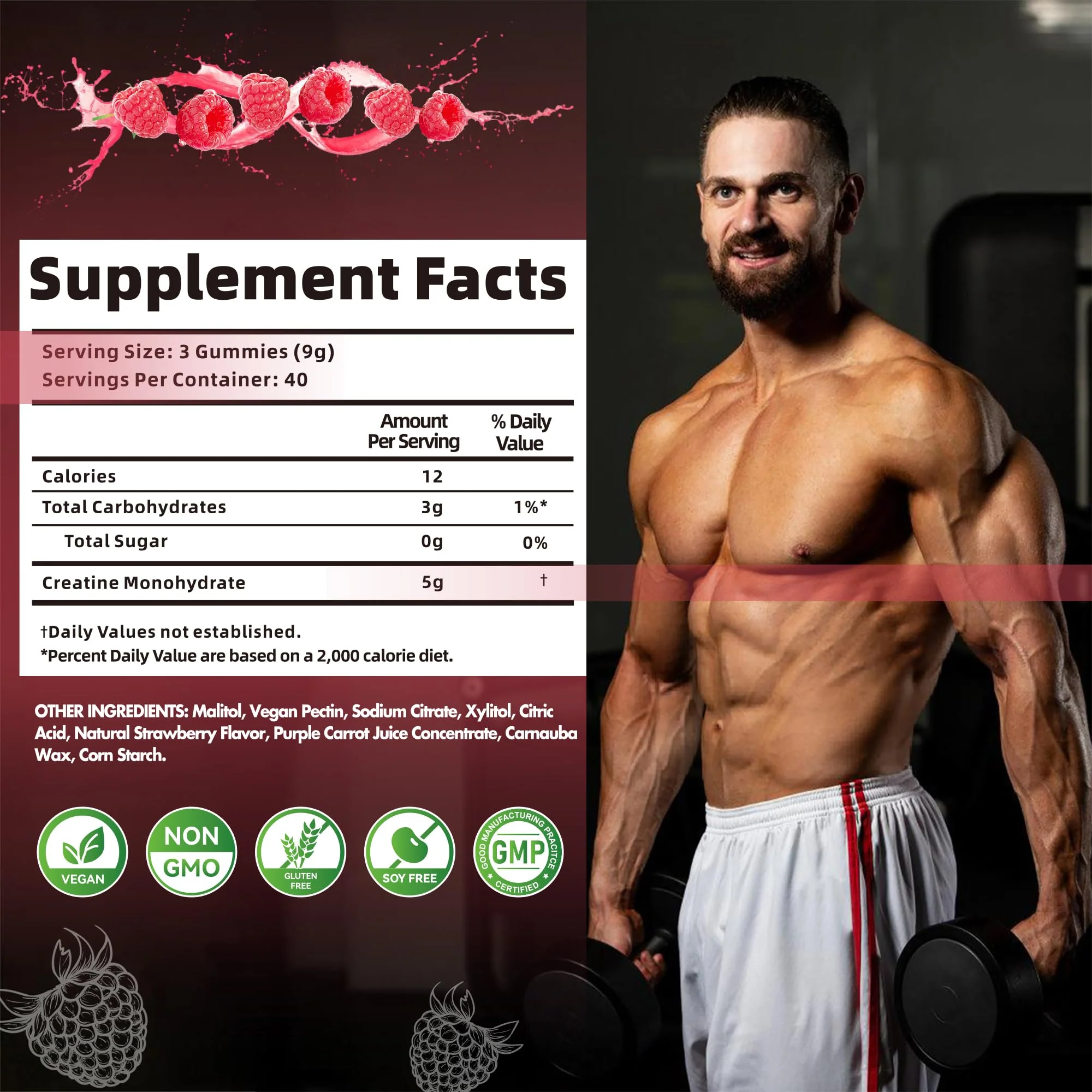 Nutravita Creatine Monohydrate Gummies for Men & Women-5g of Creatine Monohydrate per Serving - Sugar Free,Vegan, Raspberry Flavor, 120 Count - Image 3