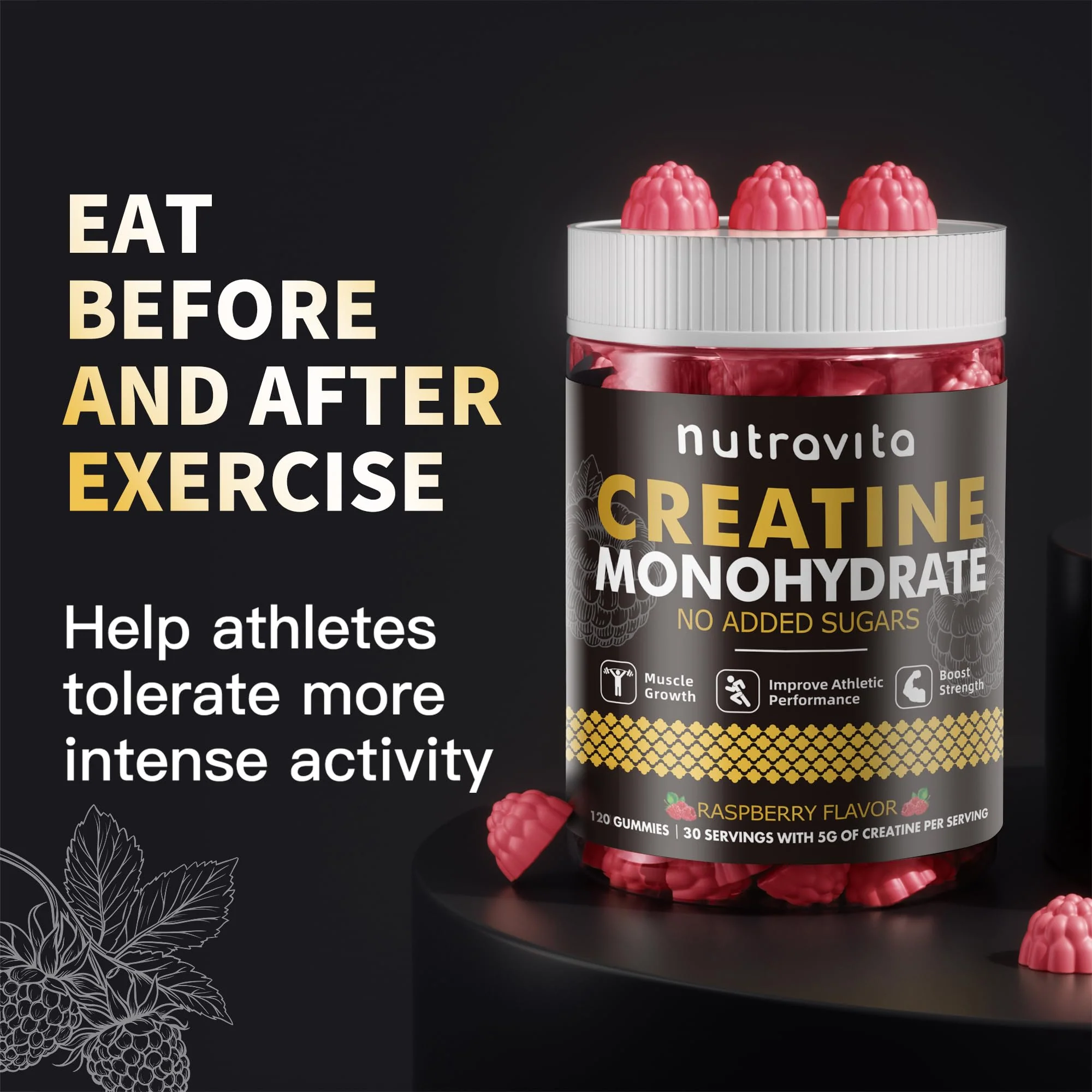 Nutravita Creatine Monohydrate Gummies for Men & Women-5g of Creatine Monohydrate per Serving - Sugar Free,Vegan, Raspberry Flavor, 120 Count - Image 5