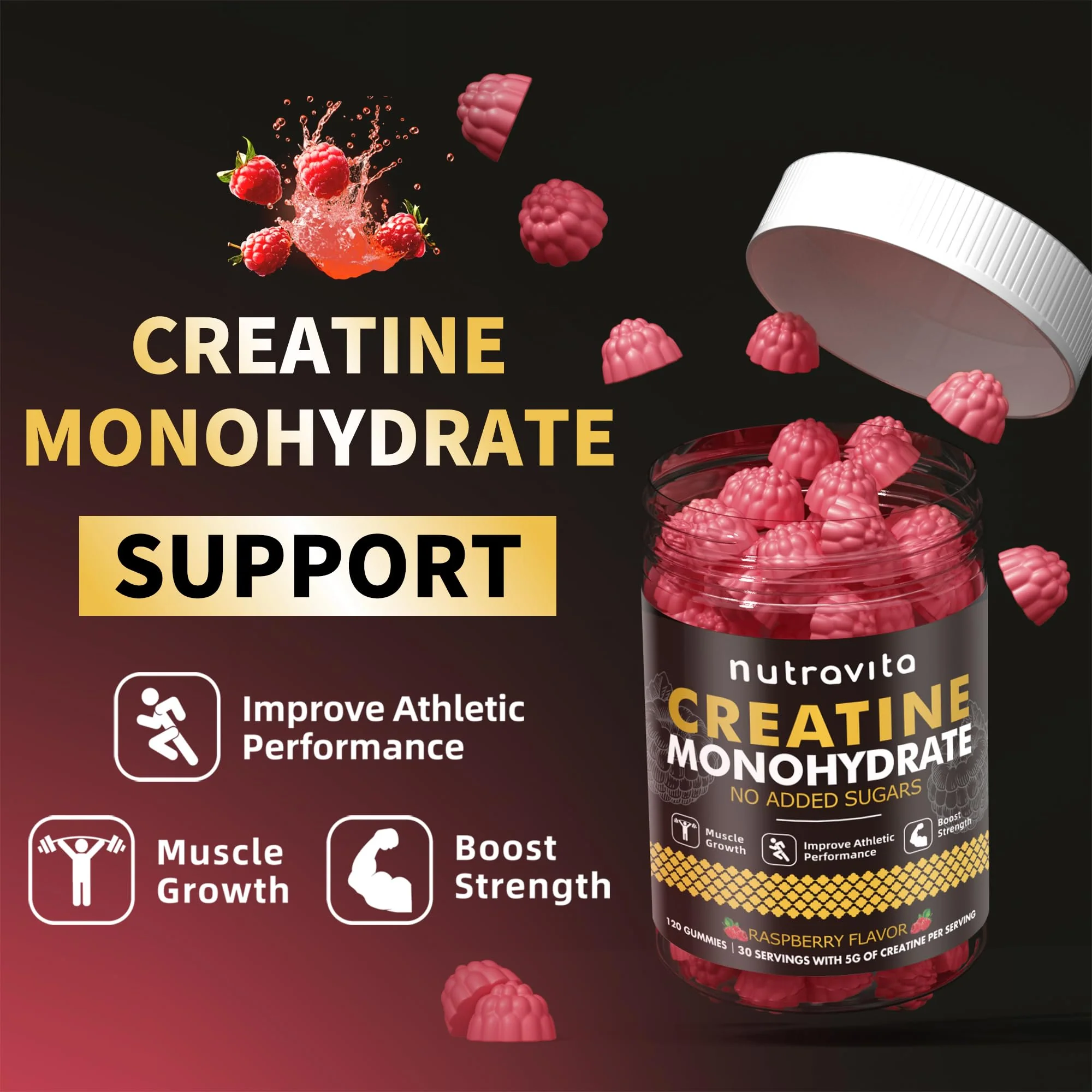 Nutravita Creatine Monohydrate Gummies for Men & Women-5g of Creatine Monohydrate per Serving - Sugar Free,Vegan, Raspberry Flavor, 120 Count - Image 6