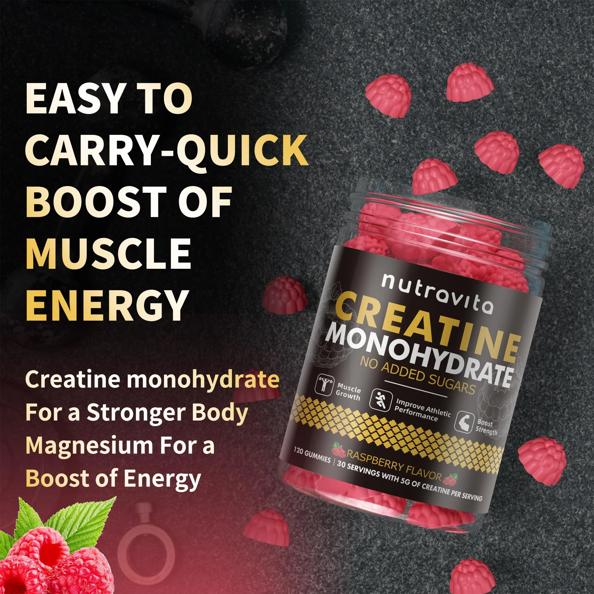 Nutravita Creatine Monohydrate Gummies for Men & Women-5g of Creatine Monohydrate per Serving - Sugar Free,Vegan, Raspberry Flavor, 120 Count - Image 8