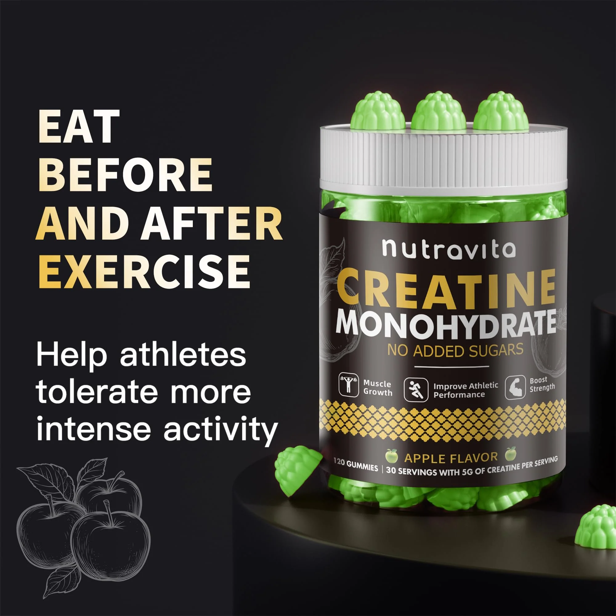 Nutravita NSF Certified Creatine Gummy - Creatine Monohydrate Gummies for Men & Women-5g of Creatine Monohydrate per Serving - Sugar Free,Vegan, Apple Flavor, 120 Count - Image 6