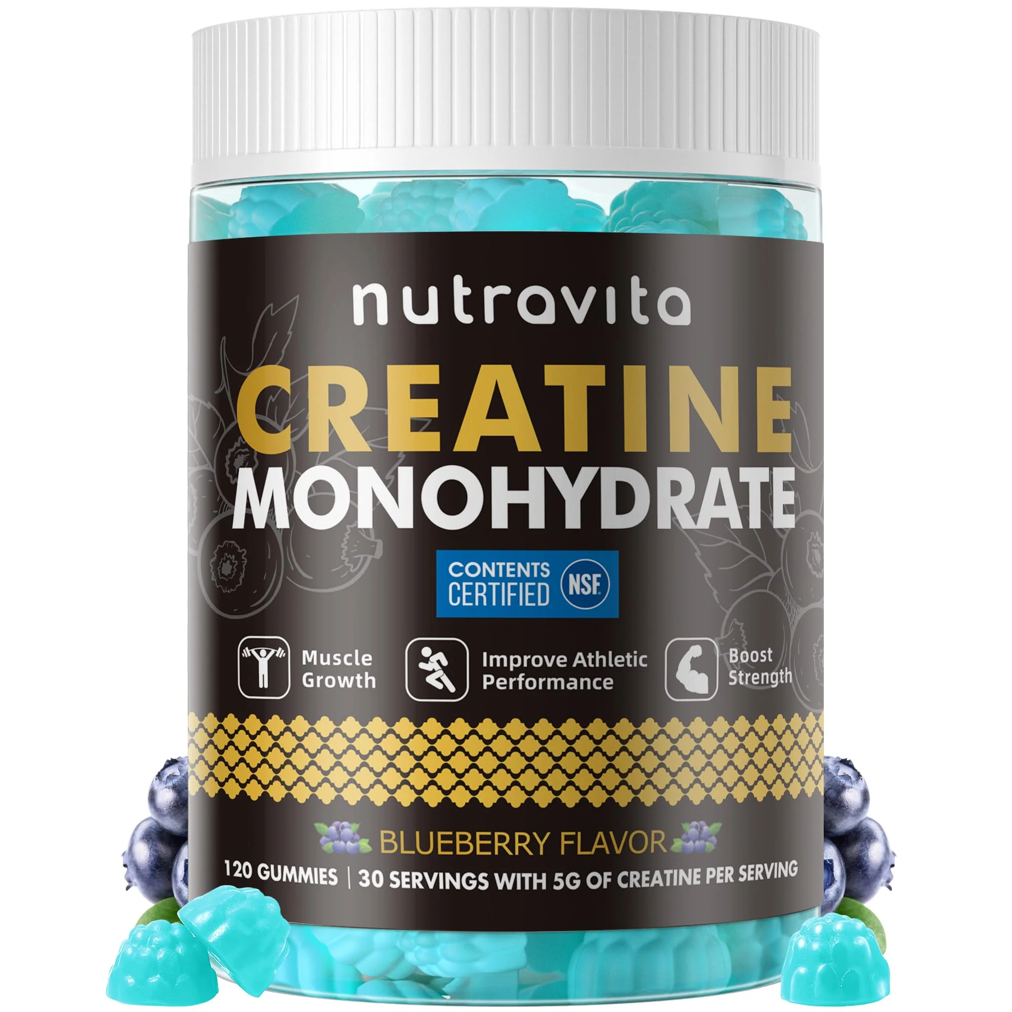 Nutravita NSF Certified Creatine Gummy - Creatine Monohydrate Gummies for Men & Women-5g of Creatine Monohydrate per Serving - Sugar Free,Vegan, Blueberry Flavor, 120 Count