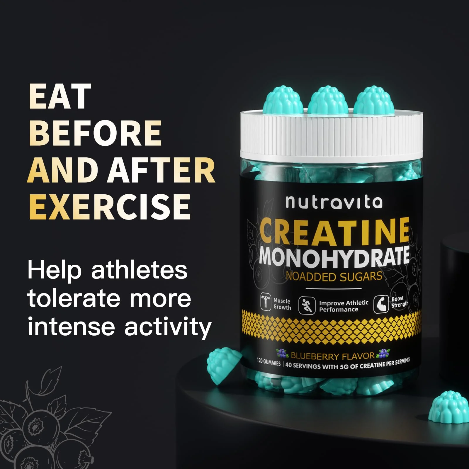 Nutravita NSF Certified Creatine Gummy - Creatine Monohydrate Gummies for Men & Women-5g of Creatine Monohydrate per Serving - Sugar Free,Vegan, Blueberry Flavor, 120 Count - Image 5