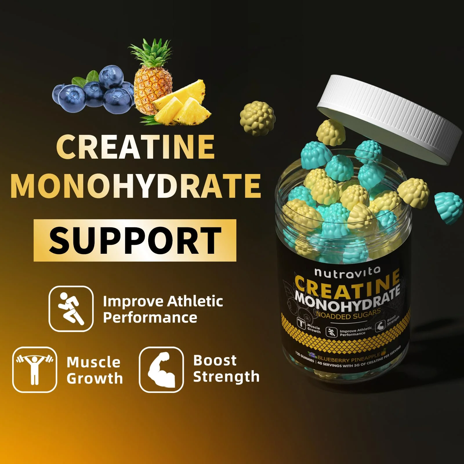 Nutravita NSF Certified Creatine Gummy - Creatine Monohydrate Gummies for Men & Women-5g of Creatine Monohydrate per Serving - Sugar Free,Vegan,Blueberry Pineapple Flavor, 120 Count - Image 3