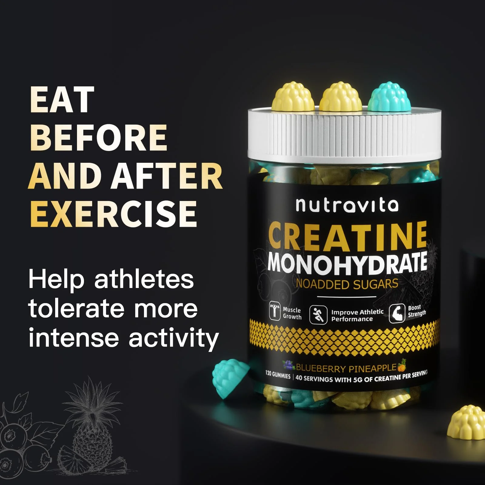 Nutravita NSF Certified Creatine Gummy - Creatine Monohydrate Gummies for Men & Women-5g of Creatine Monohydrate per Serving - Sugar Free,Vegan,Blueberry Pineapple Flavor, 120 Count - Image 5