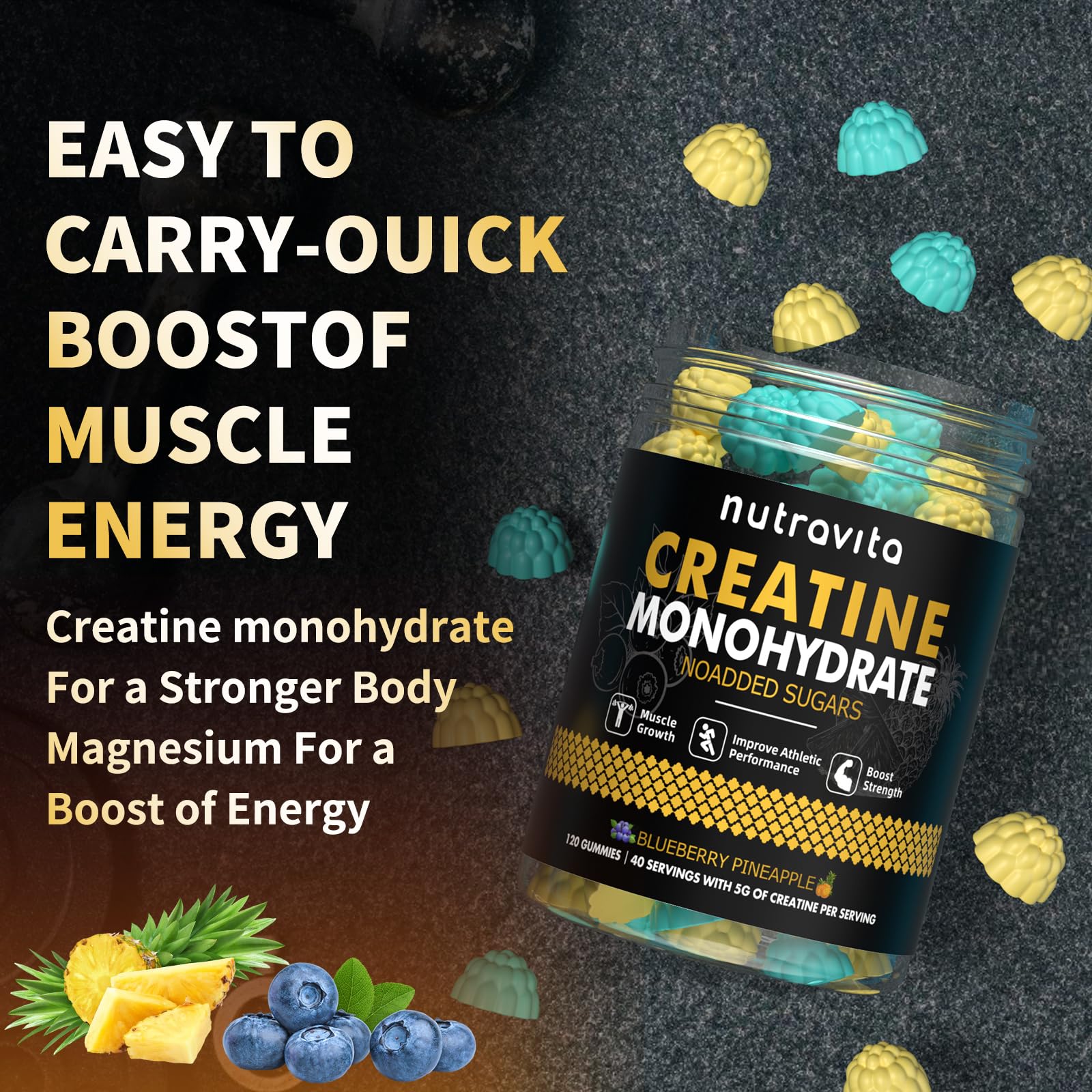 Nutravita NSF Certified Creatine Gummy - Creatine Monohydrate Gummies for Men & Women-5g of Creatine Monohydrate per Serving - Sugar Free,Vegan,Blueberry Pineapple Flavor, 120 Count - Image 7