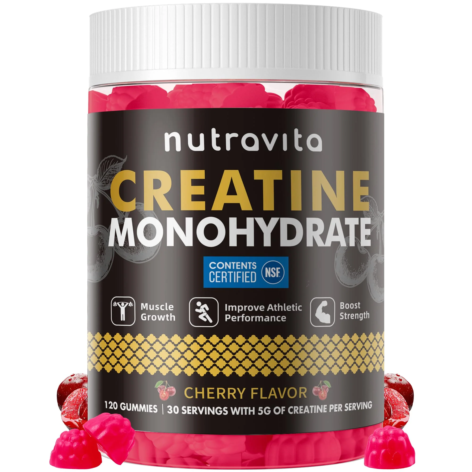 Nutravita NSF Certified Creatine Gummy - Creatine Monohydrate Gummies for Men & Women-5g of Creatine Monohydrate per Serving - Sugar Free,Vegan, Cherry Flavor, 120 Count