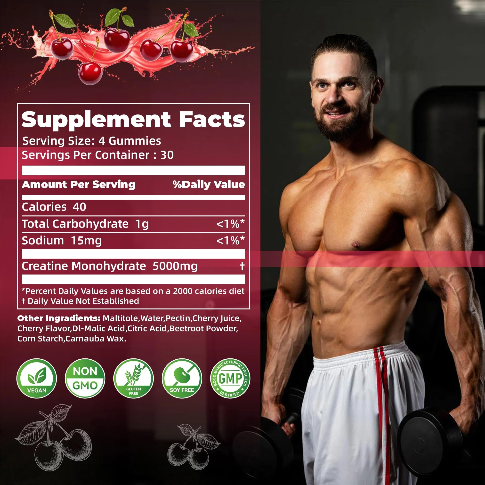 Nutravita NSF Certified Creatine Gummy - Creatine Monohydrate Gummies for Men & Women-5g of Creatine Monohydrate per Serving - Sugar Free,Vegan, Cherry Flavor, 120 Count - Image 3