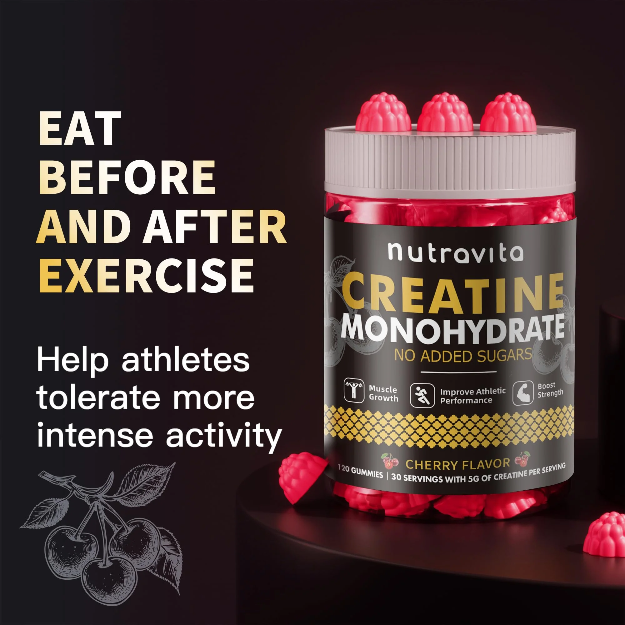 Nutravita NSF Certified Creatine Gummy - Creatine Monohydrate Gummies for Men & Women-5g of Creatine Monohydrate per Serving - Sugar Free,Vegan, Cherry Flavor, 120 Count - Image 4