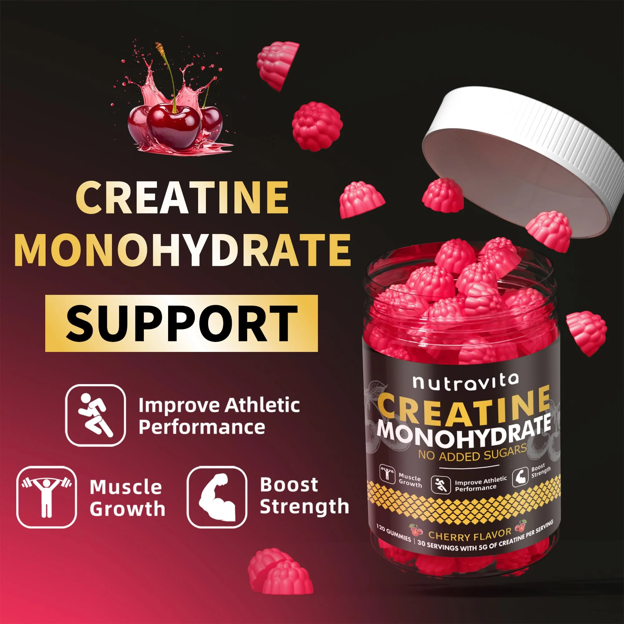 Nutravita NSF Certified Creatine Gummy - Creatine Monohydrate Gummies for Men & Women-5g of Creatine Monohydrate per Serving - Sugar Free,Vegan, Cherry Flavor, 120 Count - Image 5