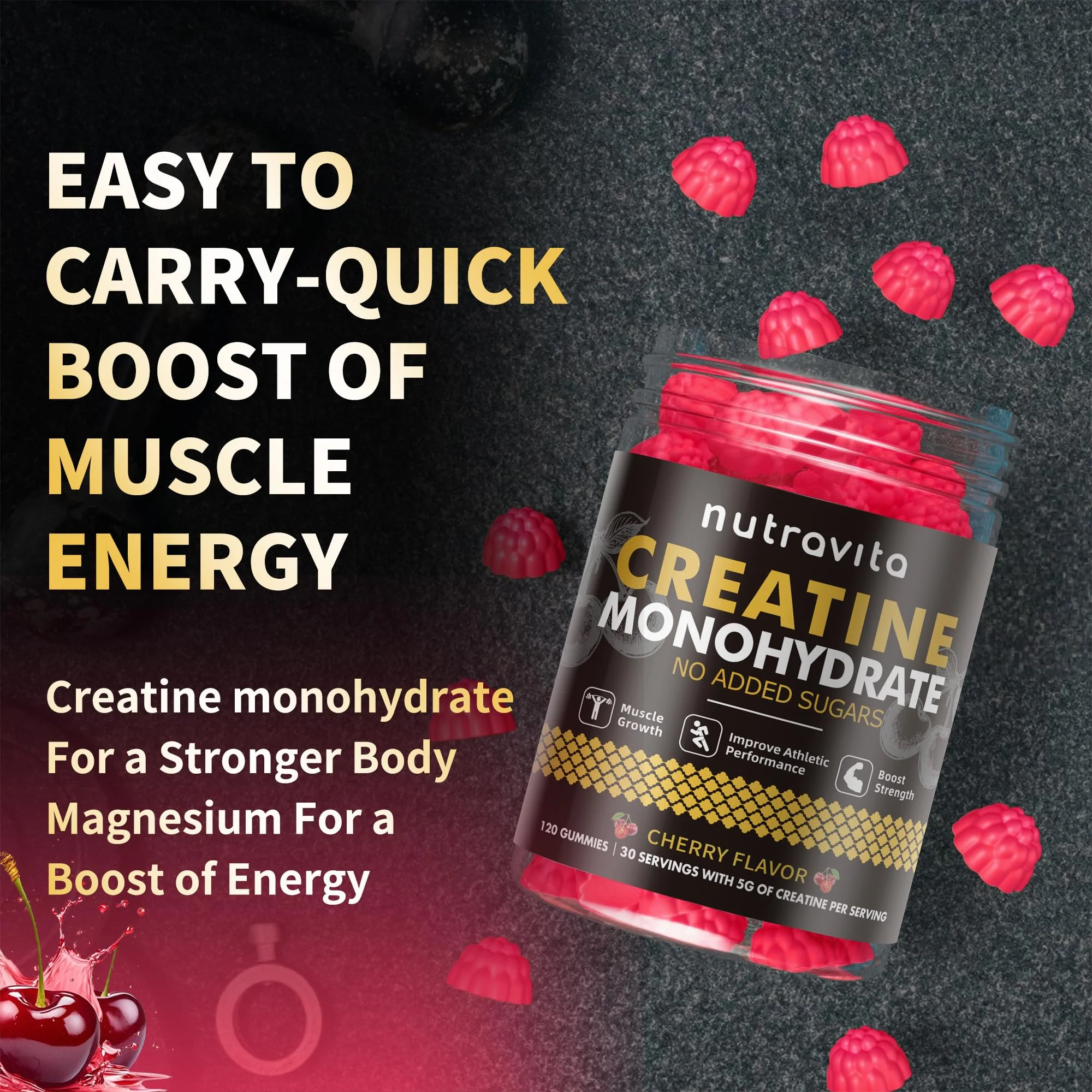 Nutravita NSF Certified Creatine Gummy - Creatine Monohydrate Gummies for Men & Women-5g of Creatine Monohydrate per Serving - Sugar Free,Vegan, Cherry Flavor, 120 Count - Image 7