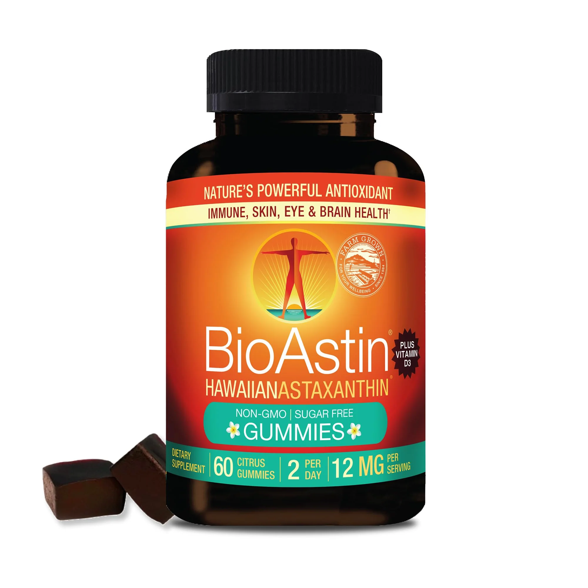 Nutrex Hawaii BioAstin Hawaiian Astaxanthin - Vegan - 12mg High Potency, 60 Citrus Gummies - Antioxidant Support for Skin & Immune Health - Premium Microalgae Grown in Kona - Non-GMO & Gluten-Free