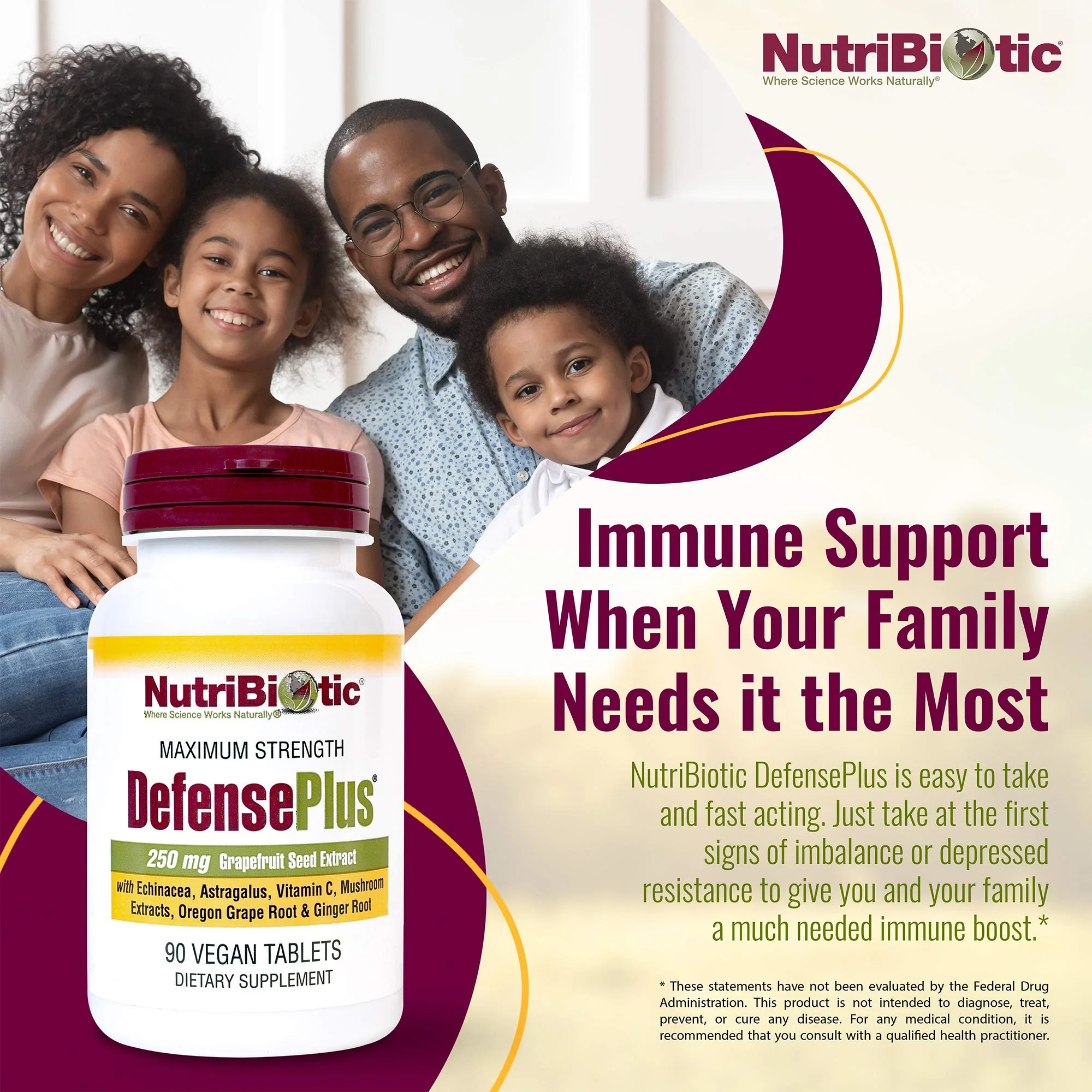NutriBiotic – DefensePlus, 90 Tablets - 11 in 1 Immune Support with Vitamin C, Zinc, Grapefruit Seed Extract, Echinacea, Astragalus Root & Immune Boosting Extracts & Mushrooms - Vegan & Gluten Free - Image 4