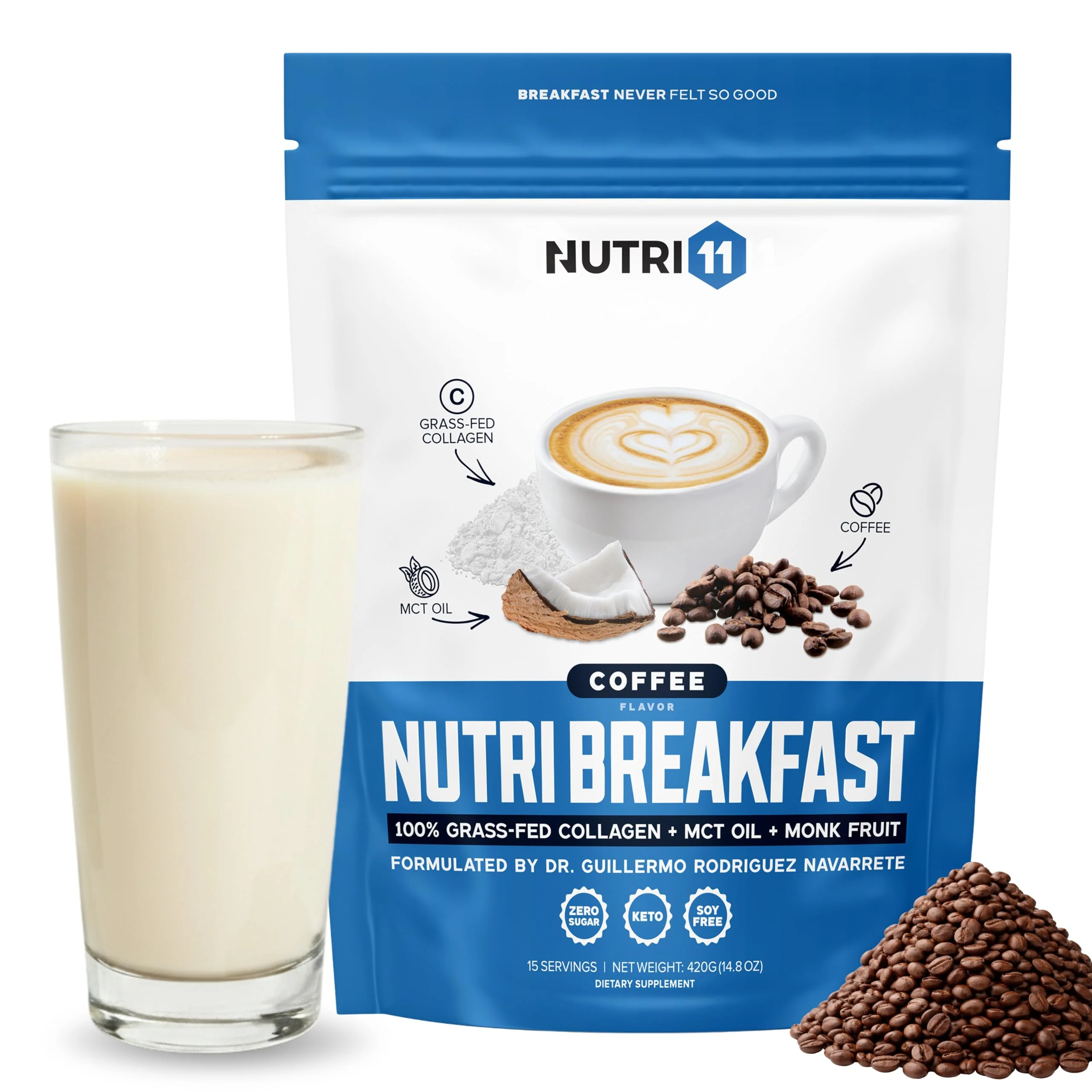 NutriBreakfast by Nutrillermo/Keto Protein Collagen Powder with MCT Oil/MCT Oil Powder/Keto Collagen Peptides with Grass-Fed Bovine Collagen Type I & III (15.9, Coffee)
