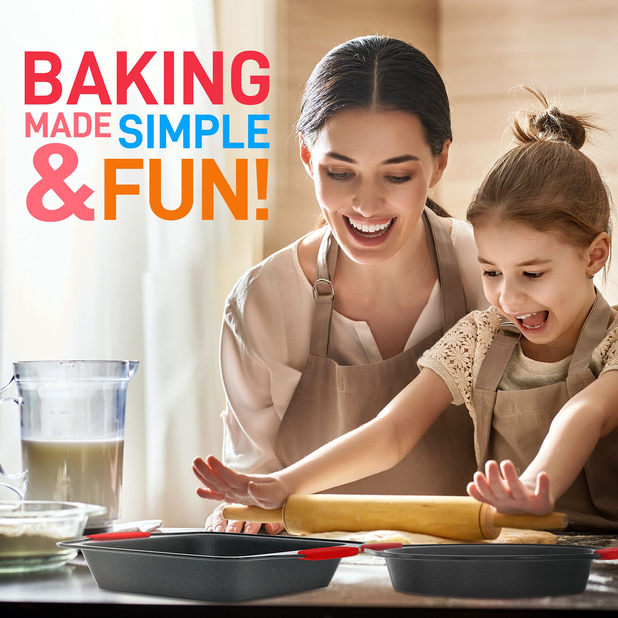 NutriChef 6-Piece Nonstick Bakeware Set - Carbon Steel Baking Tray Set w/ Heatsafe Red Silicone Handles, Oven Safe Up to 450°F, Loaf Muffin Round/Square Pans, Cookie Sheet, Baking Pan -NCSBS6S,Black - Image 6