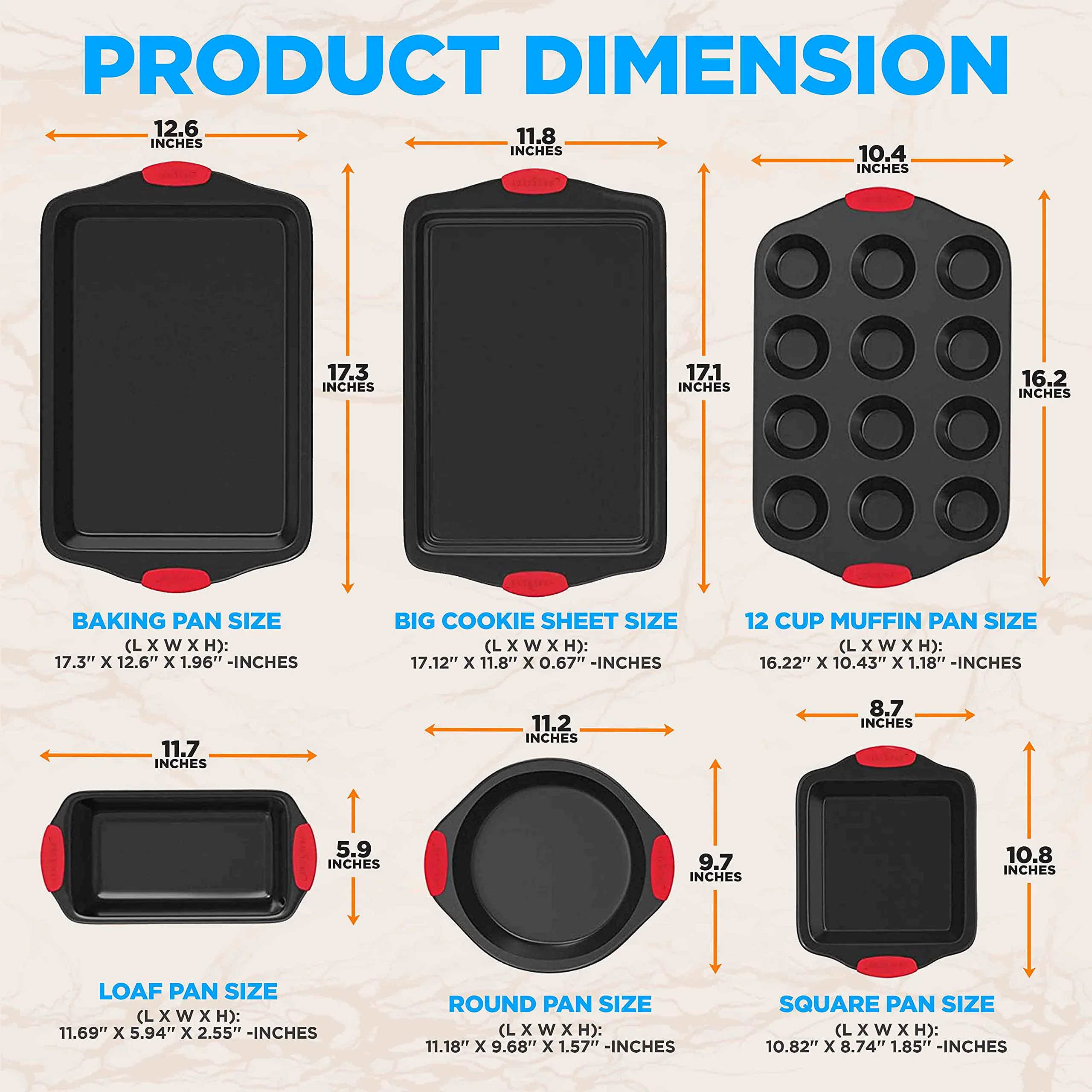 NutriChef 6-Piece Nonstick Bakeware Set - Carbon Steel Baking Tray Set w/ Heatsafe Red Silicone Handles, Oven Safe Up to 450°F, Loaf Muffin Round/Square Pans, Cookie Sheet, Baking Pan -NCSBS6S,Black - Image 7