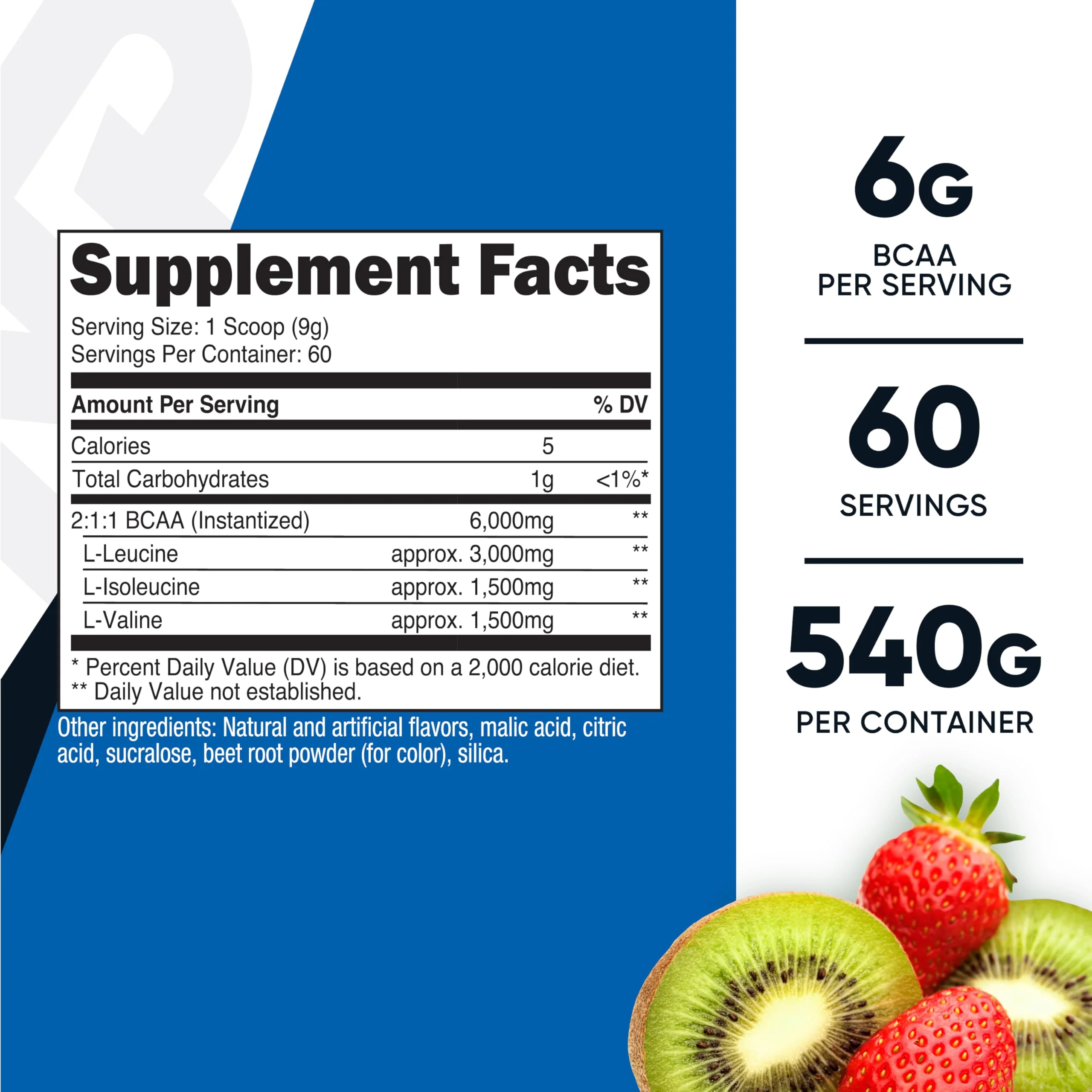Nutricost BCAA Powder (Strawberry Kiwi) 60 Servings - Optimal 2:1:1 Ratio - Image 2