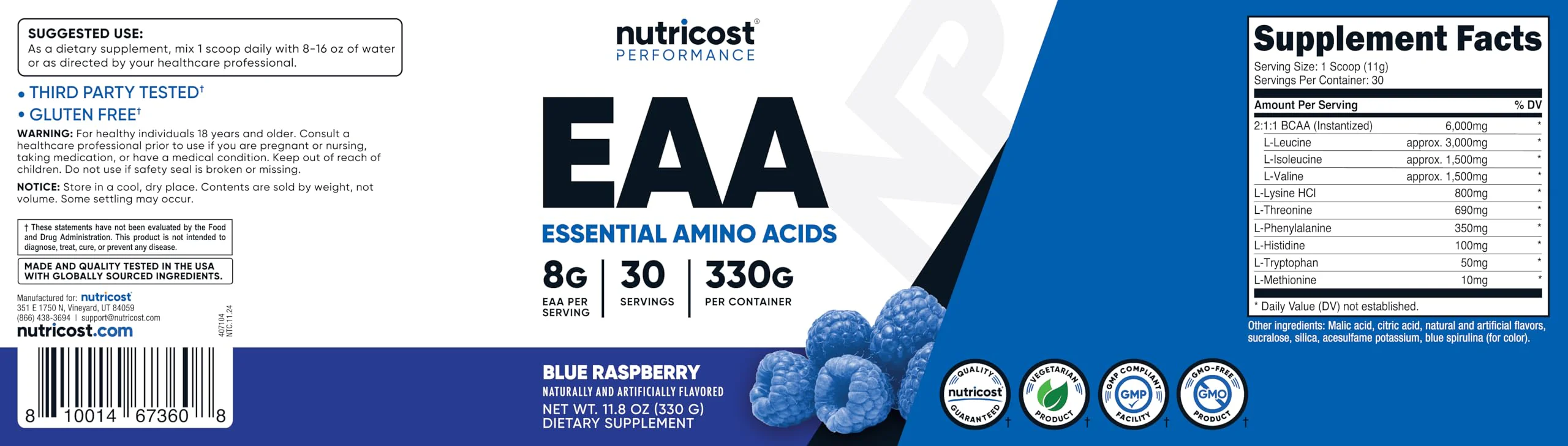 Nutricost EAA Powder 30 Servings (Blue Raspberry) - Essential Amino Acids - Non-GMO, Gluten Free, Vegetarian Friendly - Image 6