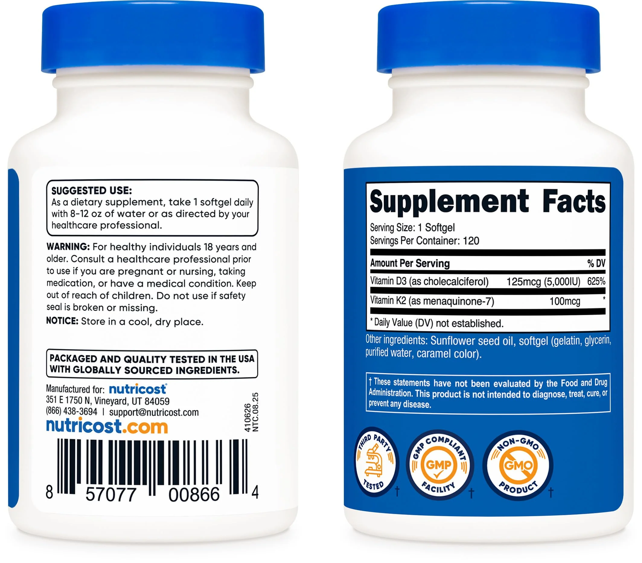 Nutricost Vitamin D3 + K2 (5000 IU D3 / 100mcg MK7), 120 Softgels – Gluten-Free & Non-GMO - Image 4