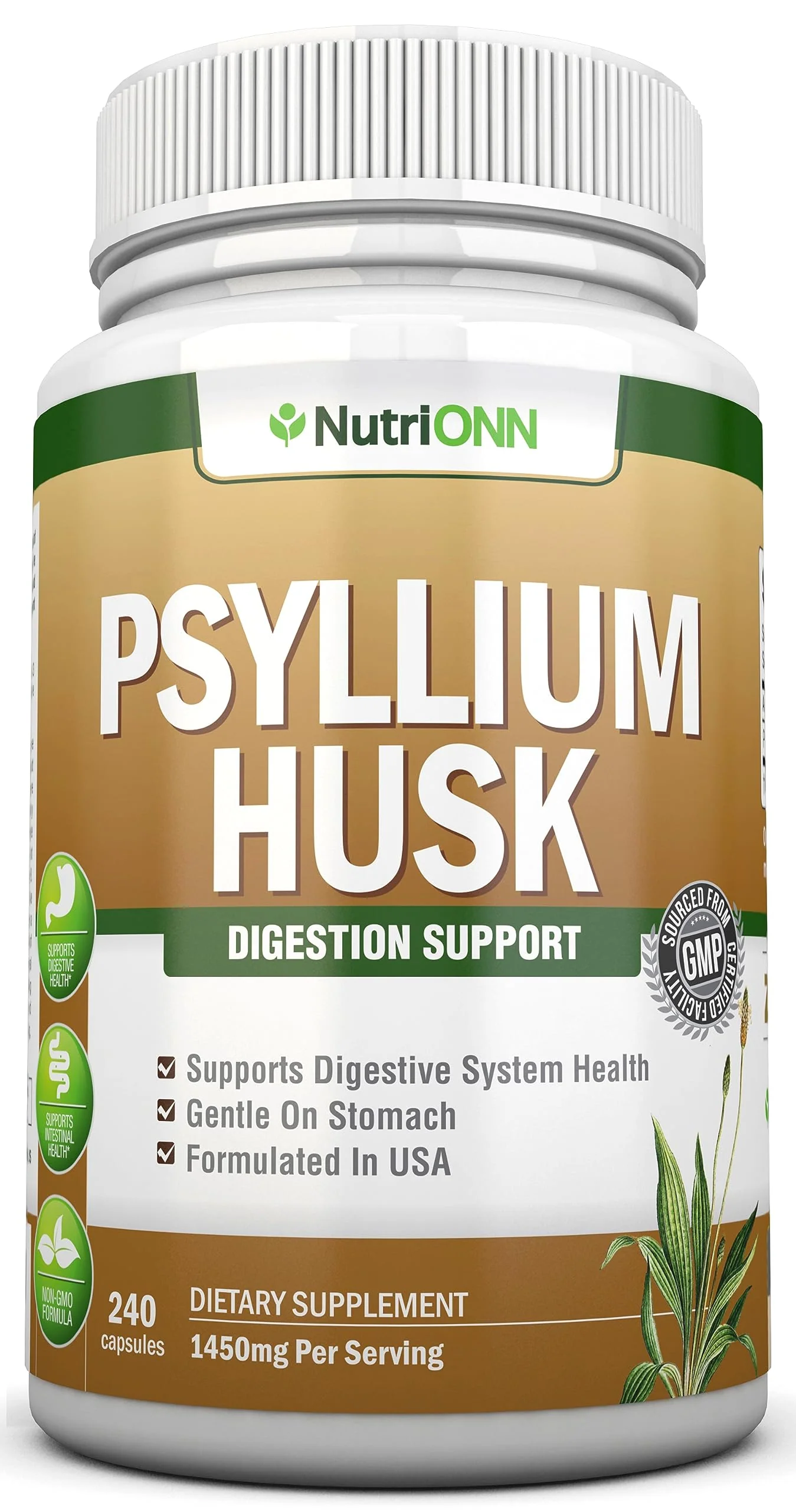 NutriONN PSYLLIUM Husk Capsules - 1450mg Per Serving - 240 Capsules - Double Strength - Premium Psyllium Fiber Supplement - Great for Digestion and Regularity - 100% Natural Soluble Fiber
