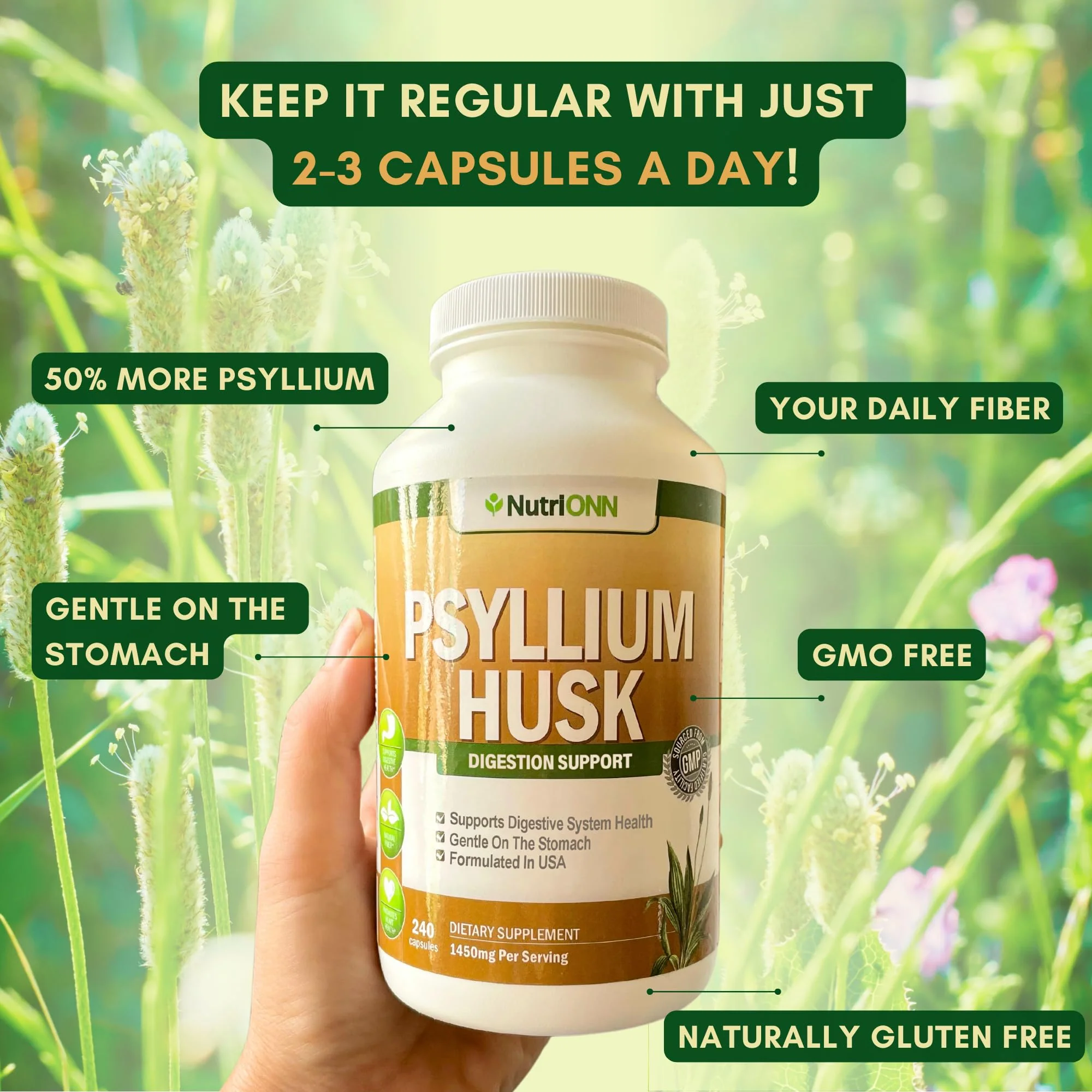 NutriONN PSYLLIUM Husk Capsules - 1450mg Per Serving - 240 Capsules - Double Strength - Premium Psyllium Fiber Supplement - Great for Digestion and Regularity - 100% Natural Soluble Fiber - Image 6