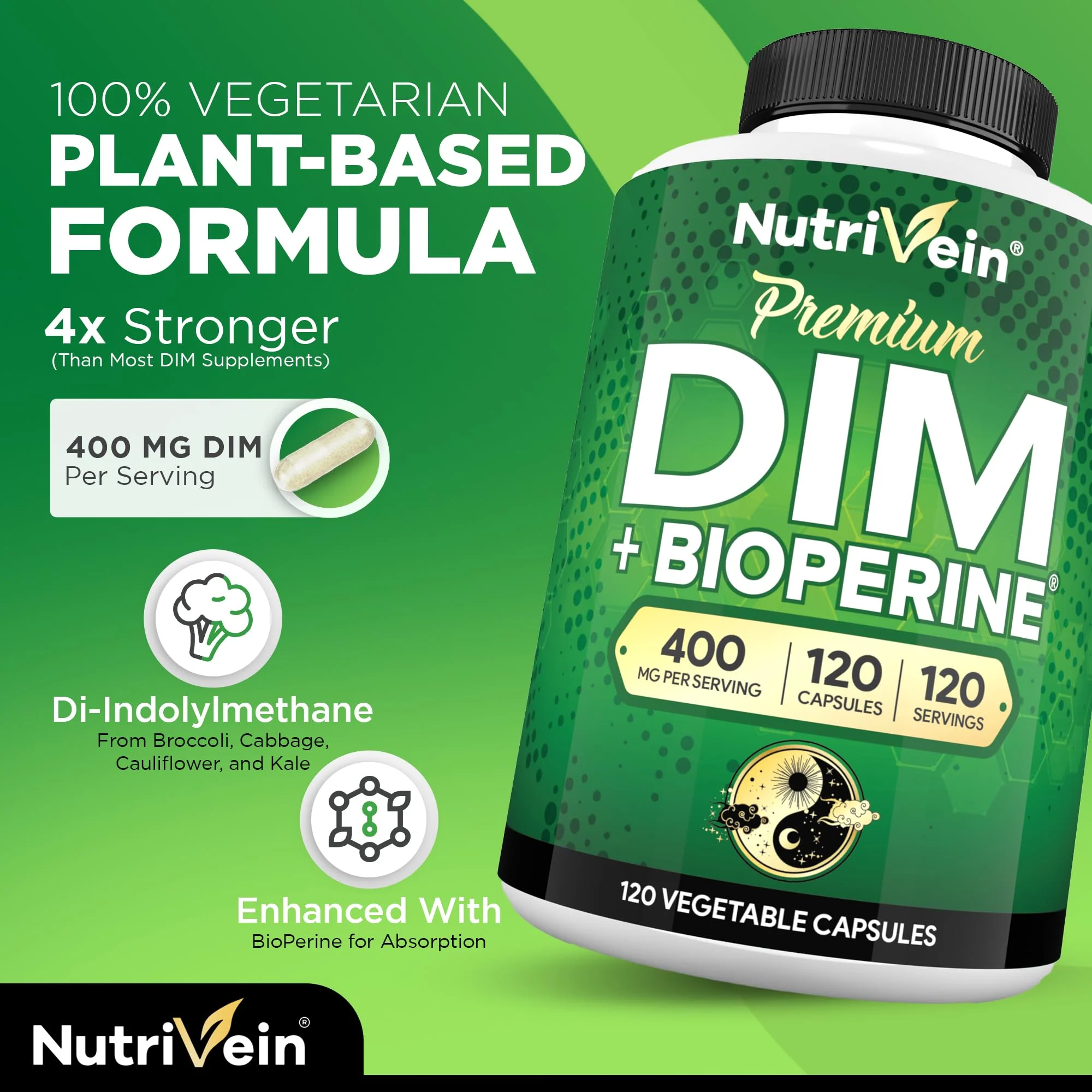 Nutrivein Premium DIM Supplement 400 mg Daily - 120 Servings (120 Capsules): Diindolylmethane for Women and Men - Plus Bioperine - Estrogen Supplement - Menopause and Middle Age Support - Image 6