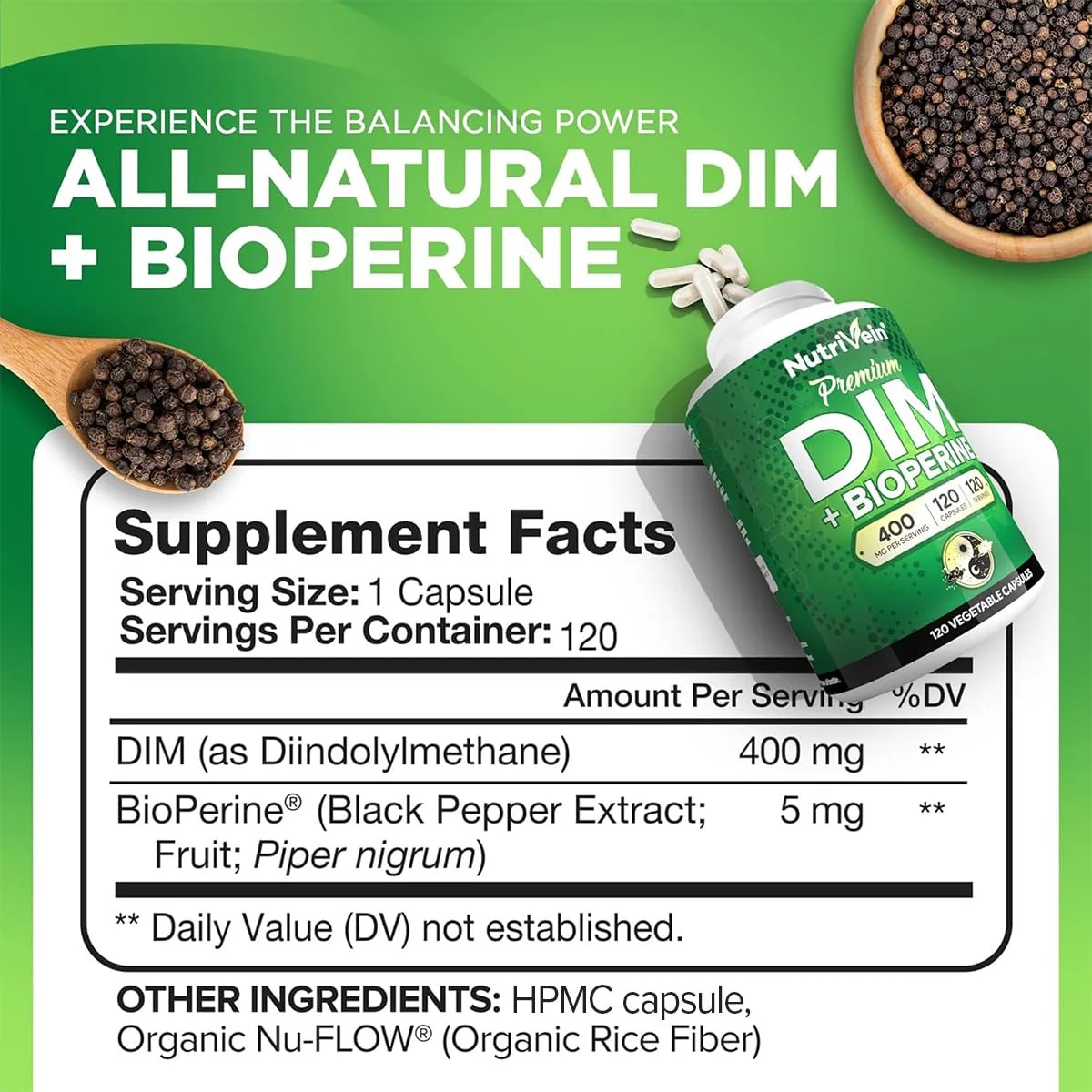 Nutrivein Premium DIM Supplement 400 mg Daily - 120 Servings (120 Capsules): Diindolylmethane for Women and Men - Plus Bioperine - Estrogen Supplement - Menopause and Middle Age Support - Image 7