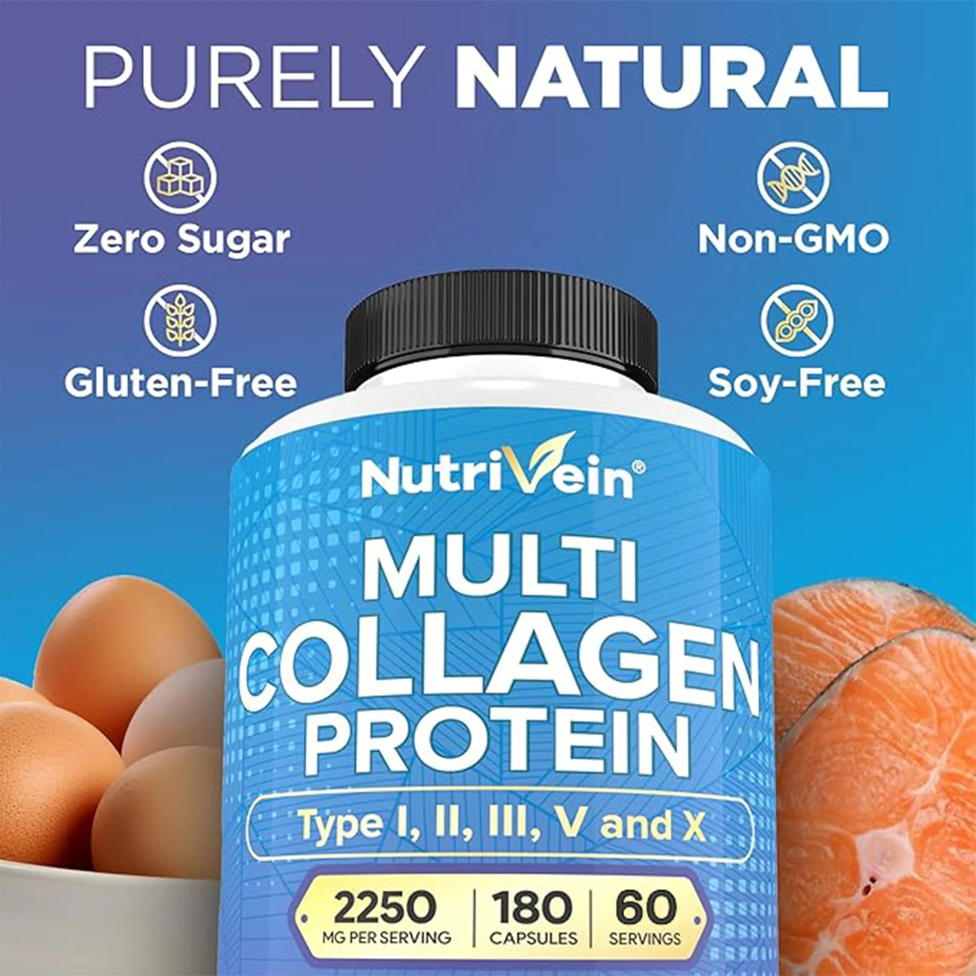 Nutrivein Premium Multi Collagen Pills 2250 mg - 180 Easy-to-Swallow Collagen Capsules: Type I, II, III, V, X Hydrolyzed Protein Peptides for Women and Men - Aging, Joints, Hair, Skin, Bones, & Nails - Image 3