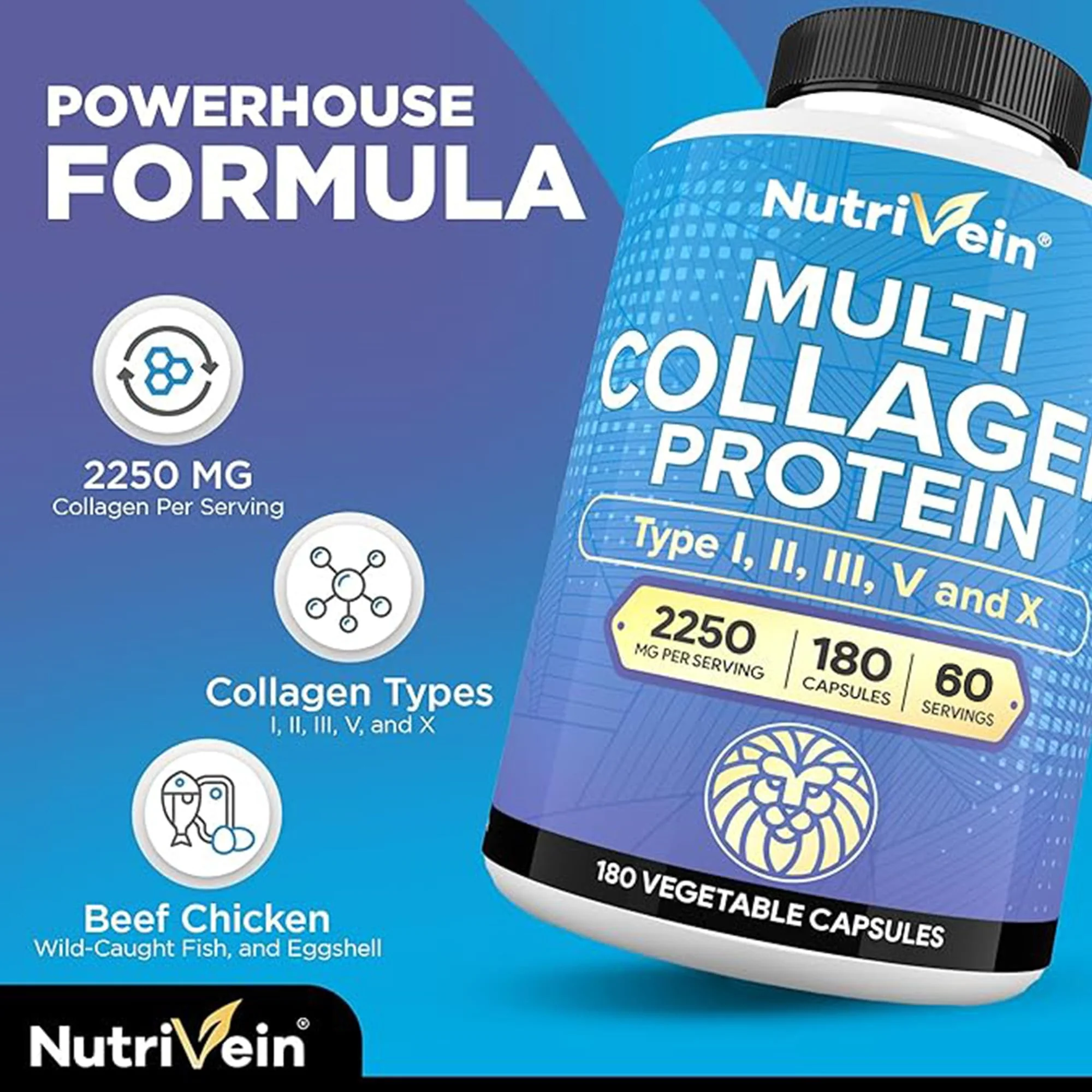 Nutrivein Premium Multi Collagen Pills 2250 mg - 180 Easy-to-Swallow Collagen Capsules: Type I, II, III, V, X Hydrolyzed Protein Peptides for Women and Men - Aging, Joints, Hair, Skin, Bones, & Nails - Image 6