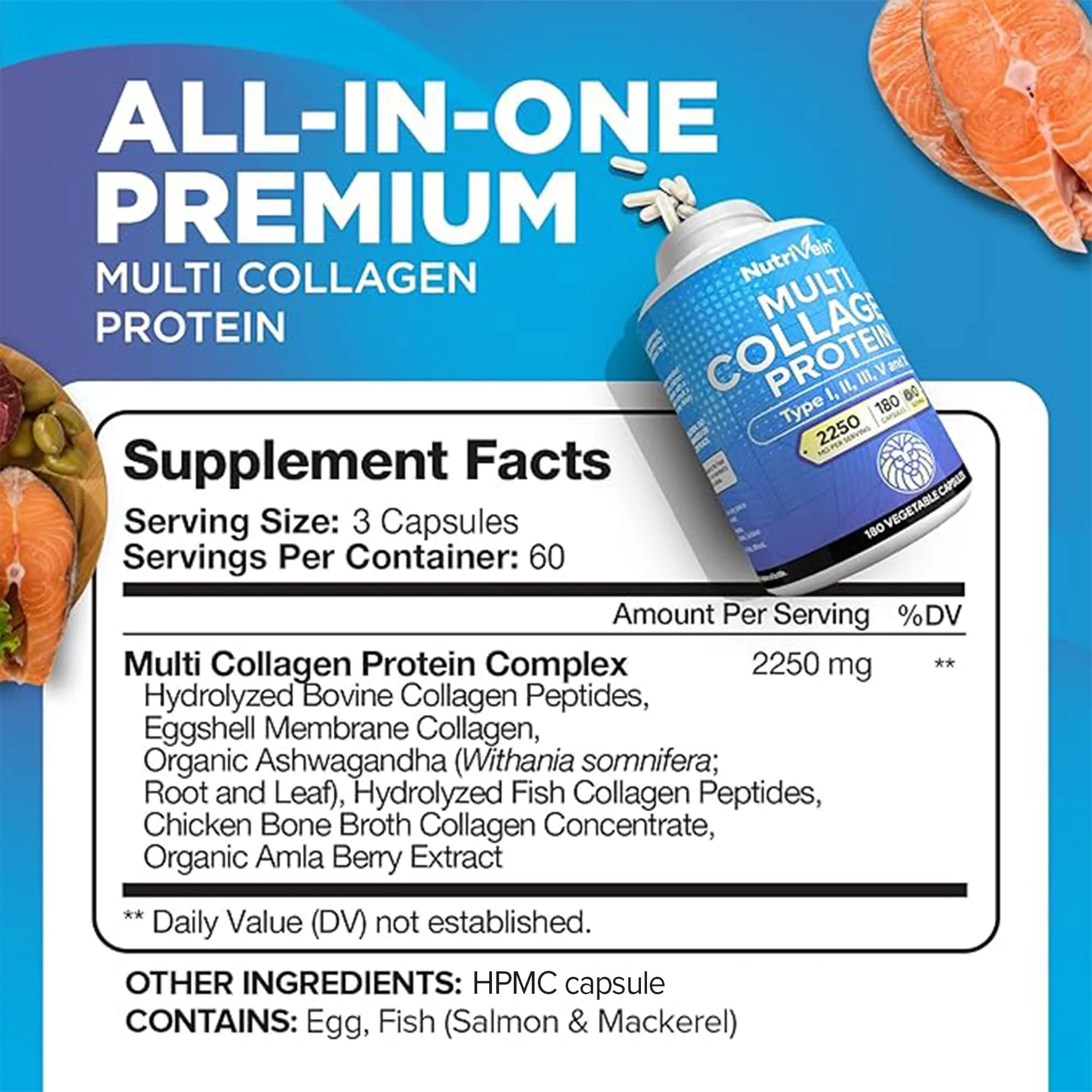 Nutrivein Premium Multi Collagen Pills 2250 mg - 180 Easy-to-Swallow Collagen Capsules: Type I, II, III, V, X Hydrolyzed Protein Peptides for Women and Men - Aging, Joints, Hair, Skin, Bones, & Nails - Image 7