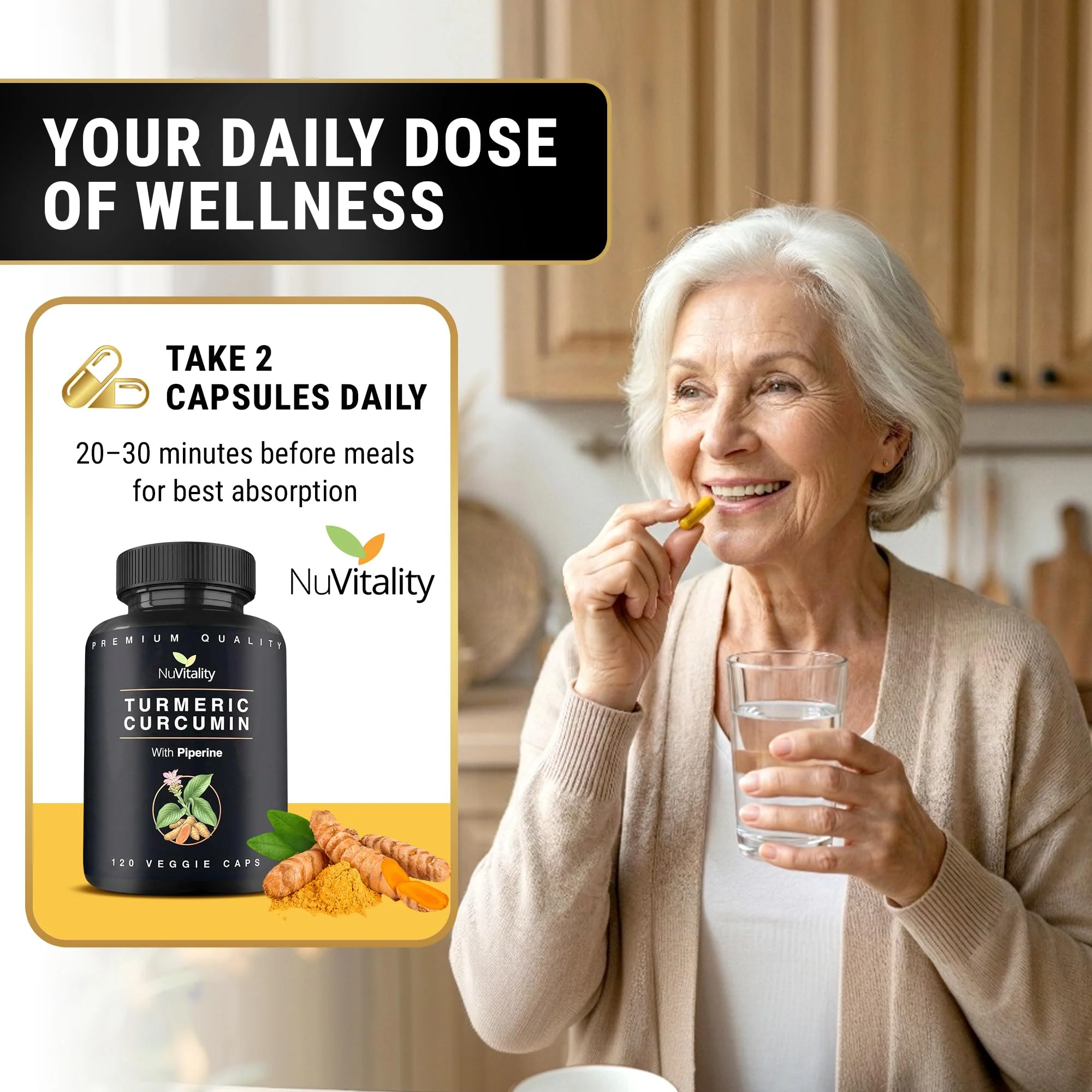 NuVitality Turmeric Curcumin Supplement with Black Pepper Extract (BioPerine) - 95% Curcuminoids for Joint & Inflammation Support - Enhanced Absorption Vegan Turmeric Supplement - 120 Capsules - Image 7