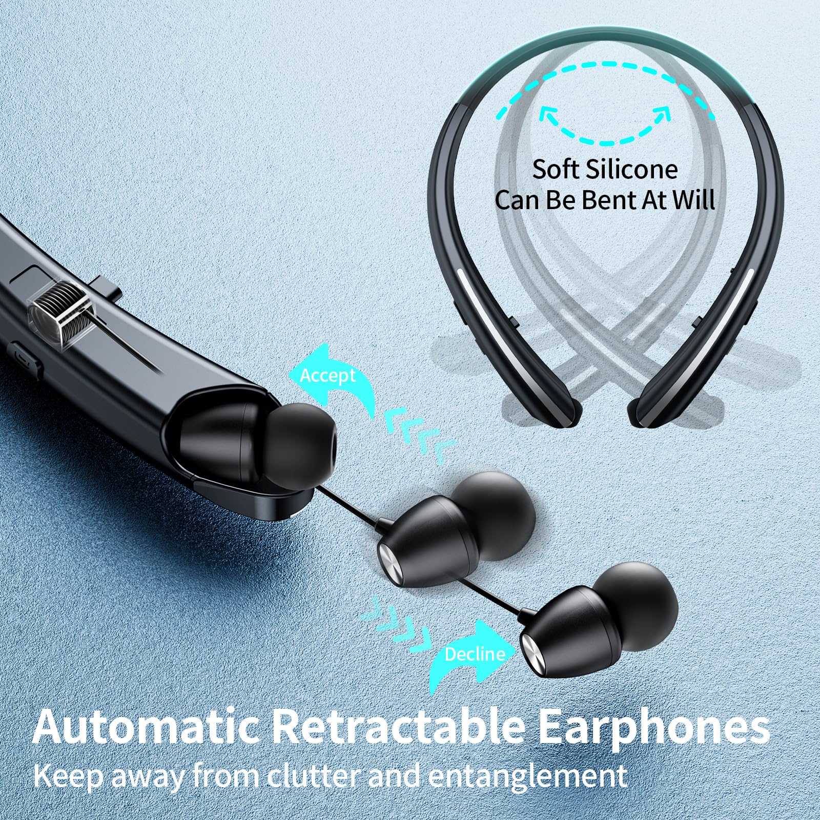 NVOPERANG Retractable Neckband Bluetooth Headphones, Wireless Stereo Earbuds with Mic, Bluetooth Headset Noise Cancelling, Vibration Alerts, IPX5 Sweatproof, Sports, Workouts & Driving (Black) - Image 4