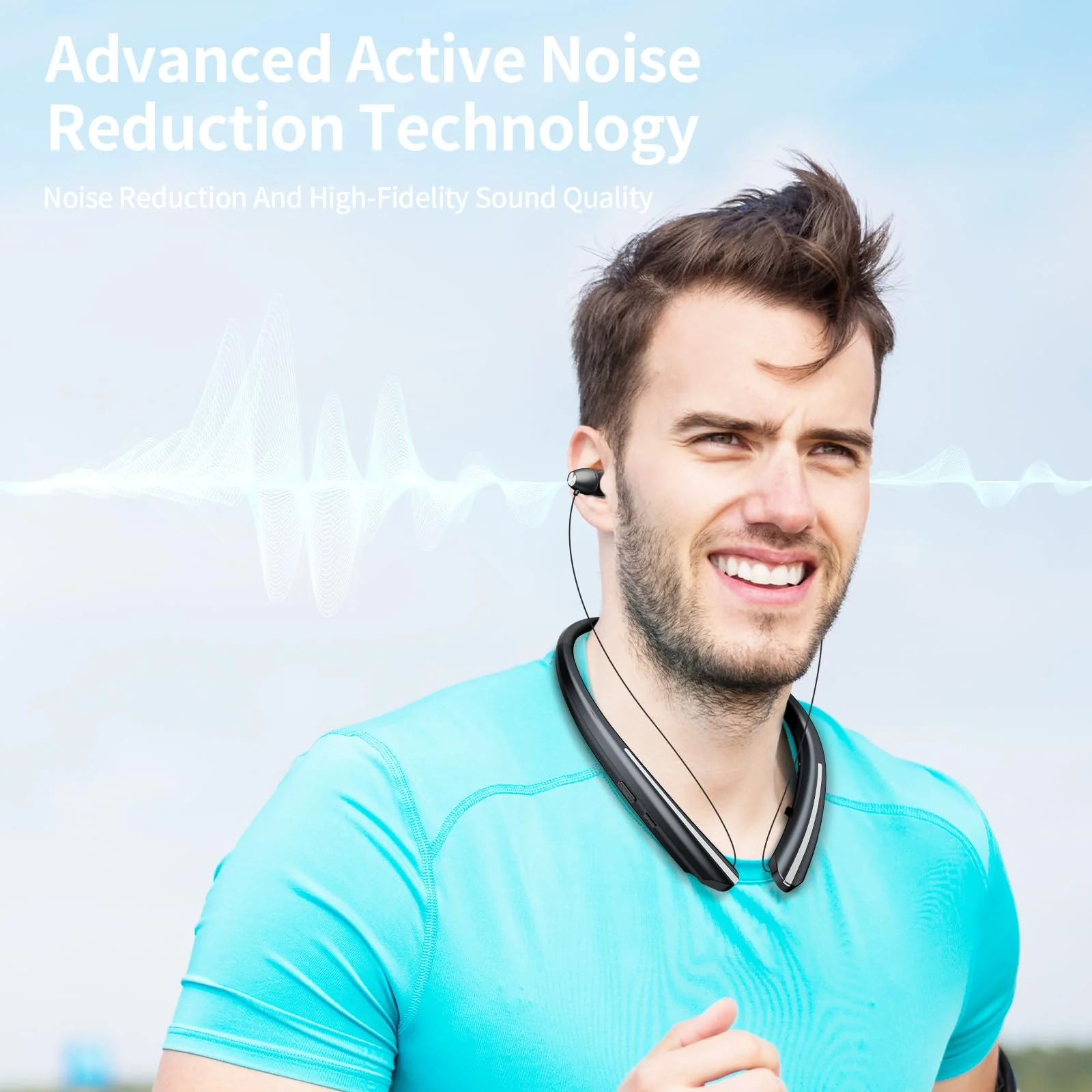 NVOPERANG Retractable Neckband Bluetooth Headphones, Wireless Stereo Earbuds with Mic, Bluetooth Headset Noise Cancelling, Vibration Alerts, IPX5 Sweatproof, Sports, Workouts & Driving (Black) - Image 5