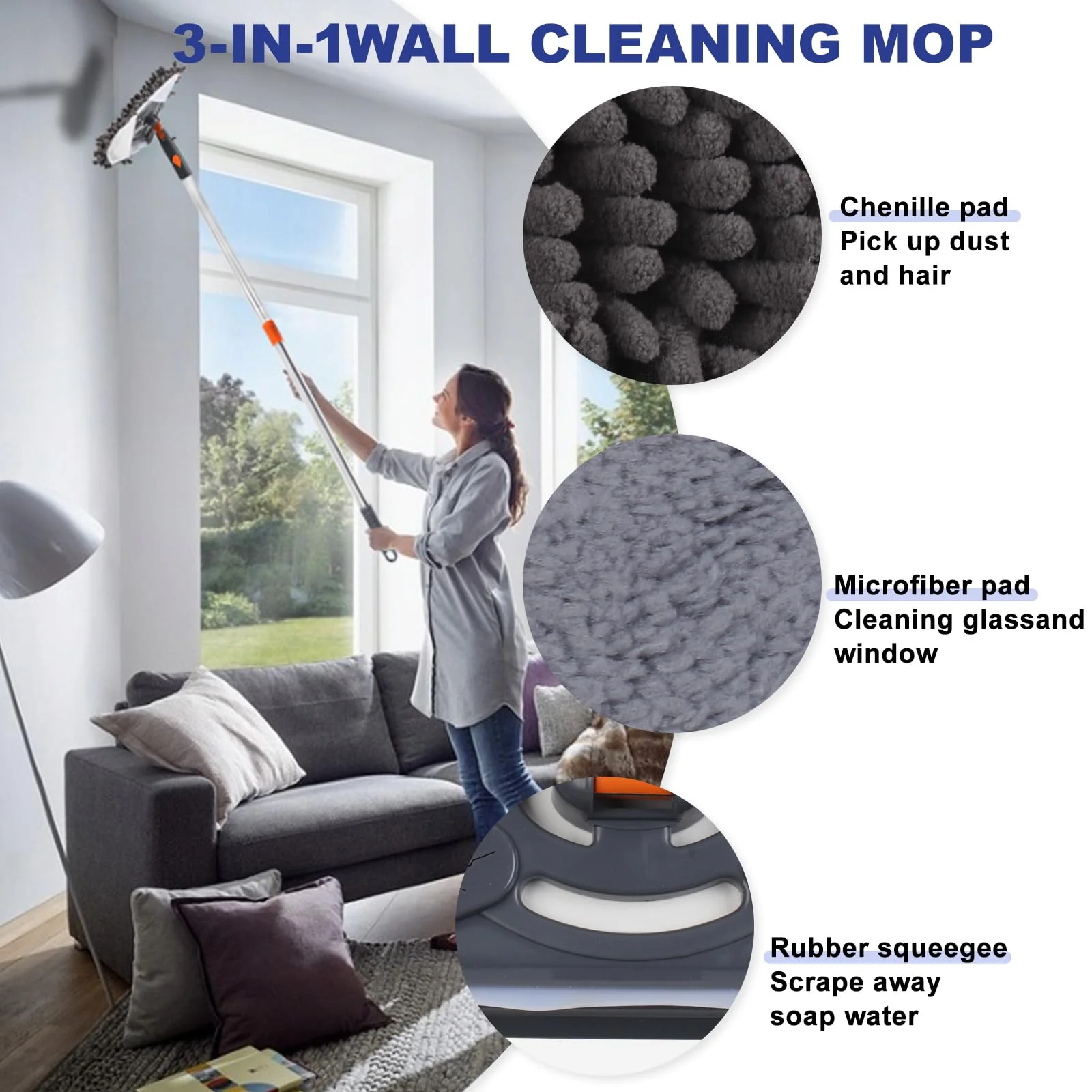 NWGOF Wall Cleaner Mop with 79 Inches Long Handle, 360° Wall Washer Cleaner Tool for Walls/Ceiling Fans/Dust/Baseboard/Floors Clean, Ceiling Cleaner Tool Duster with Squeegee 6 Replacement Pads - Image 5