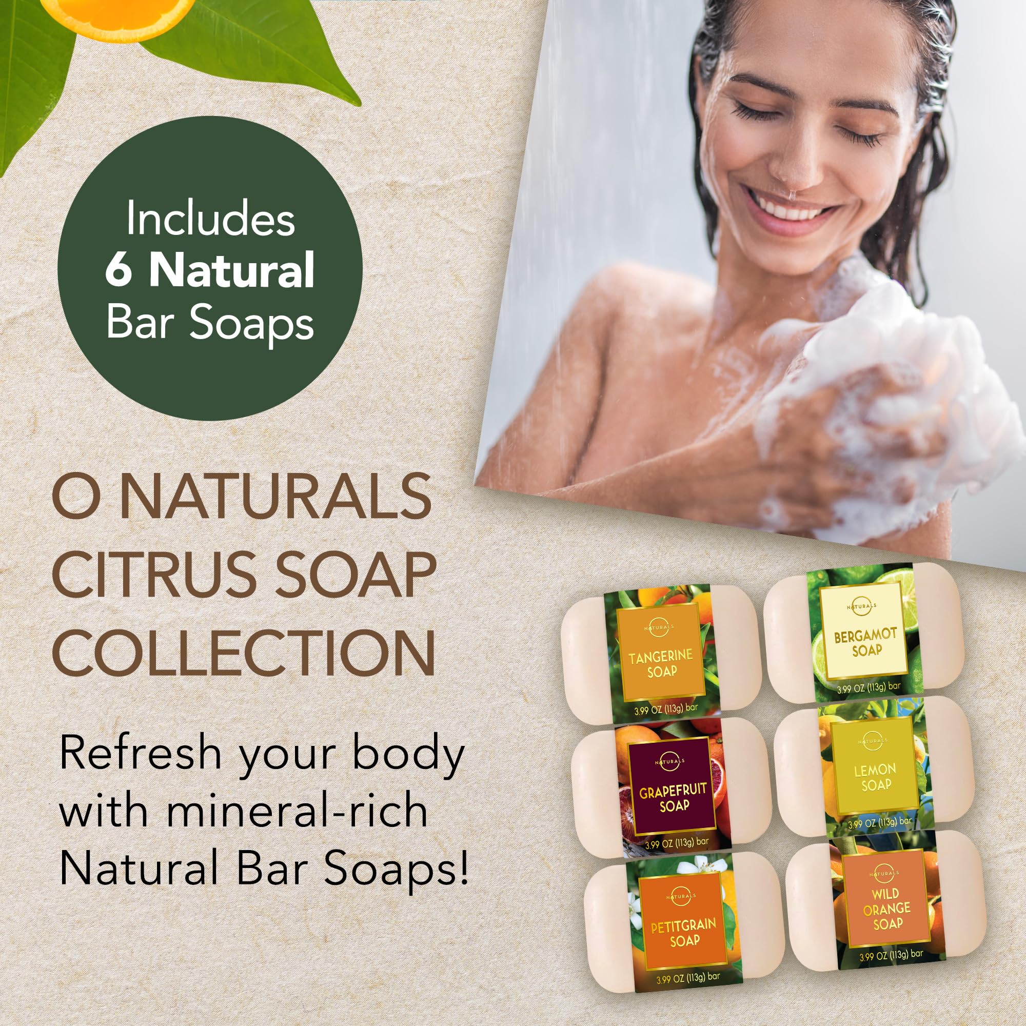 O NATURALS 100% Natural Bar Soap - Gift Set - Organic Ingredients & Essential Oils - Spa Gifts for Women & Men, Body Wash & Face - 6PC Citrus Soap Collection - Image 2