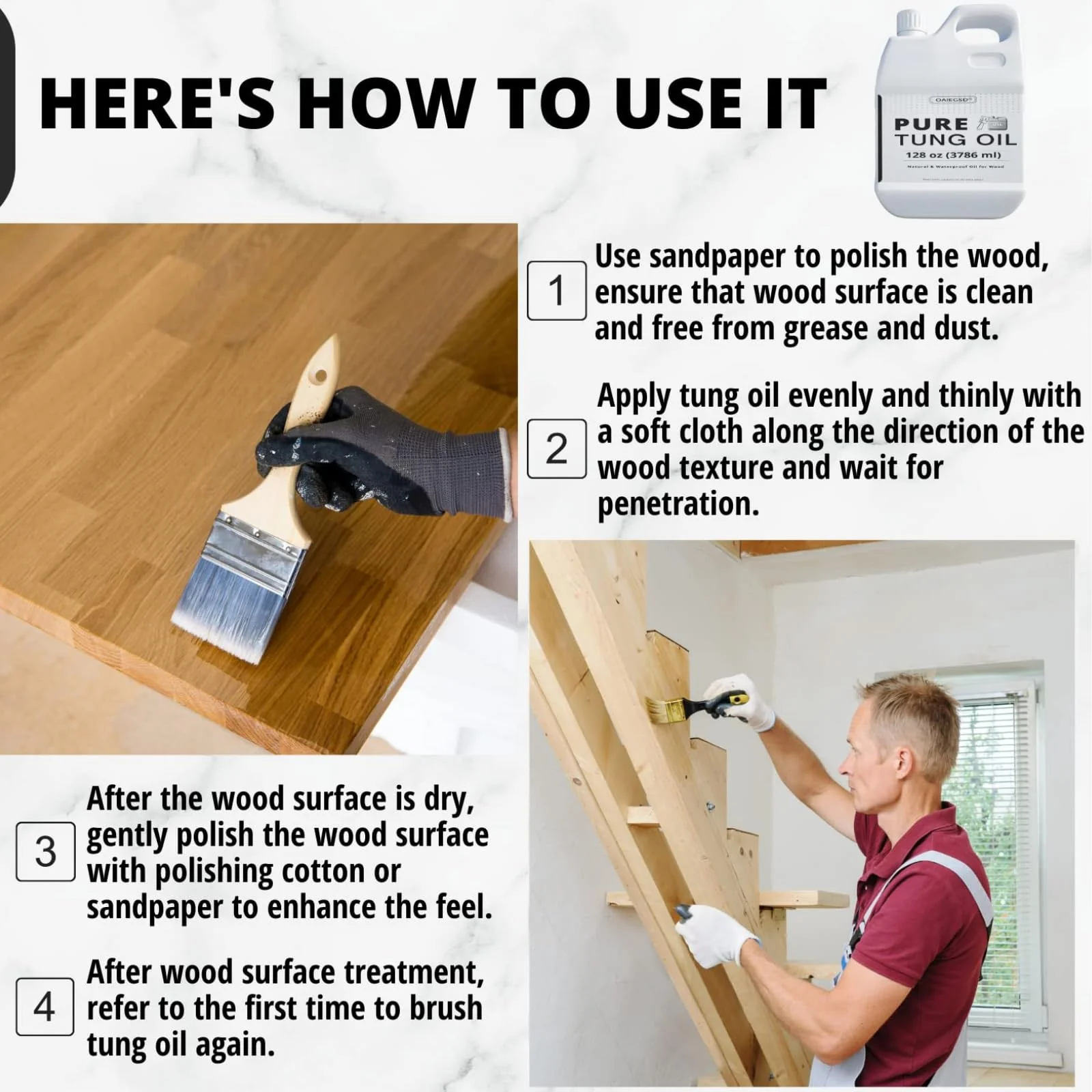 OAIEGSD 32oz 100% Pure Tung Oil for Wood Outdoor with Brush, Safe Food Grade Tung Oil for Wood Finish, Natural Waterproof Sealer Can Used on Cutting Boards, Outdoor Furniture, Butcher Blocks - Image 4