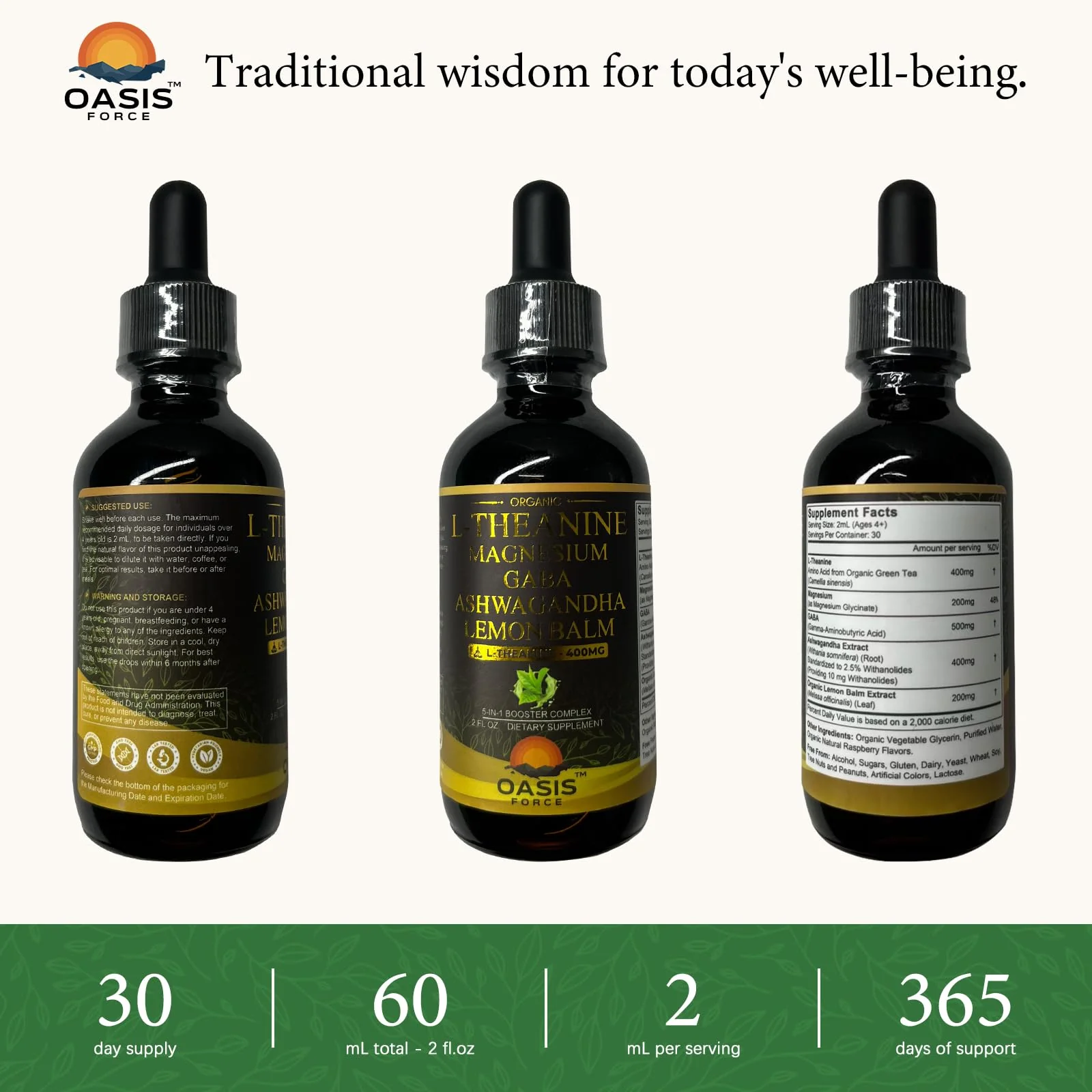 OASIS FORCE L Theanine 400mg Liquid Drops, L-Theanine Supplement for Adults & Kids with GABA, Magnesium & Ashwagandha, Natural Sleep, Focus & Relaxation Support, Vegan, Alcohol-Free, Non-GMO, 2 FL OZ - Image 2