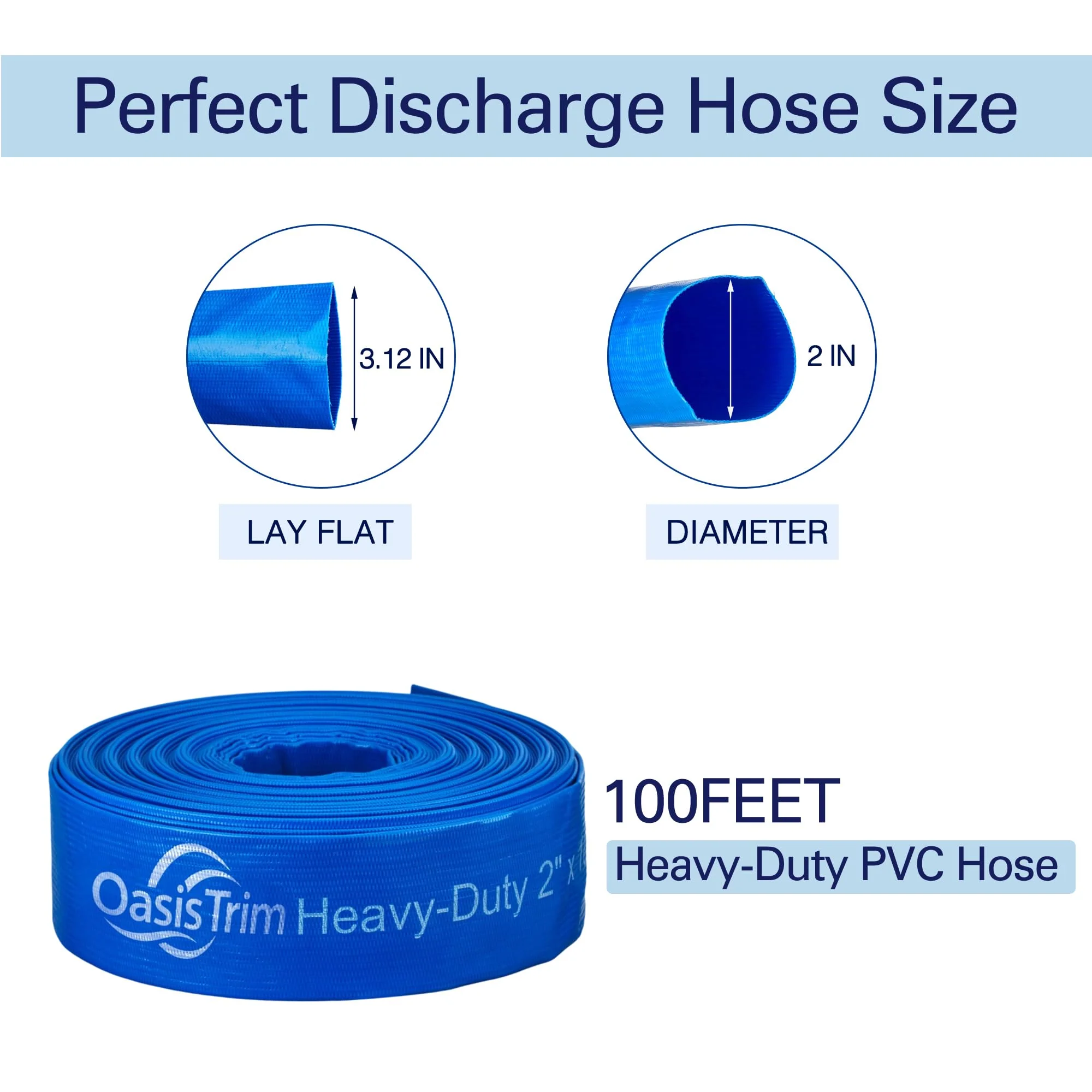 OasisTrim 2" x 100FT Pool Backwash Hose, Heavy-Duty Pool Hose, Lay Flat Discharge Hose, Durable Burst Resistant, Pool Filter Pump Water Drainage, Sump Pump Discharge, with 2 Clamps - Image 7