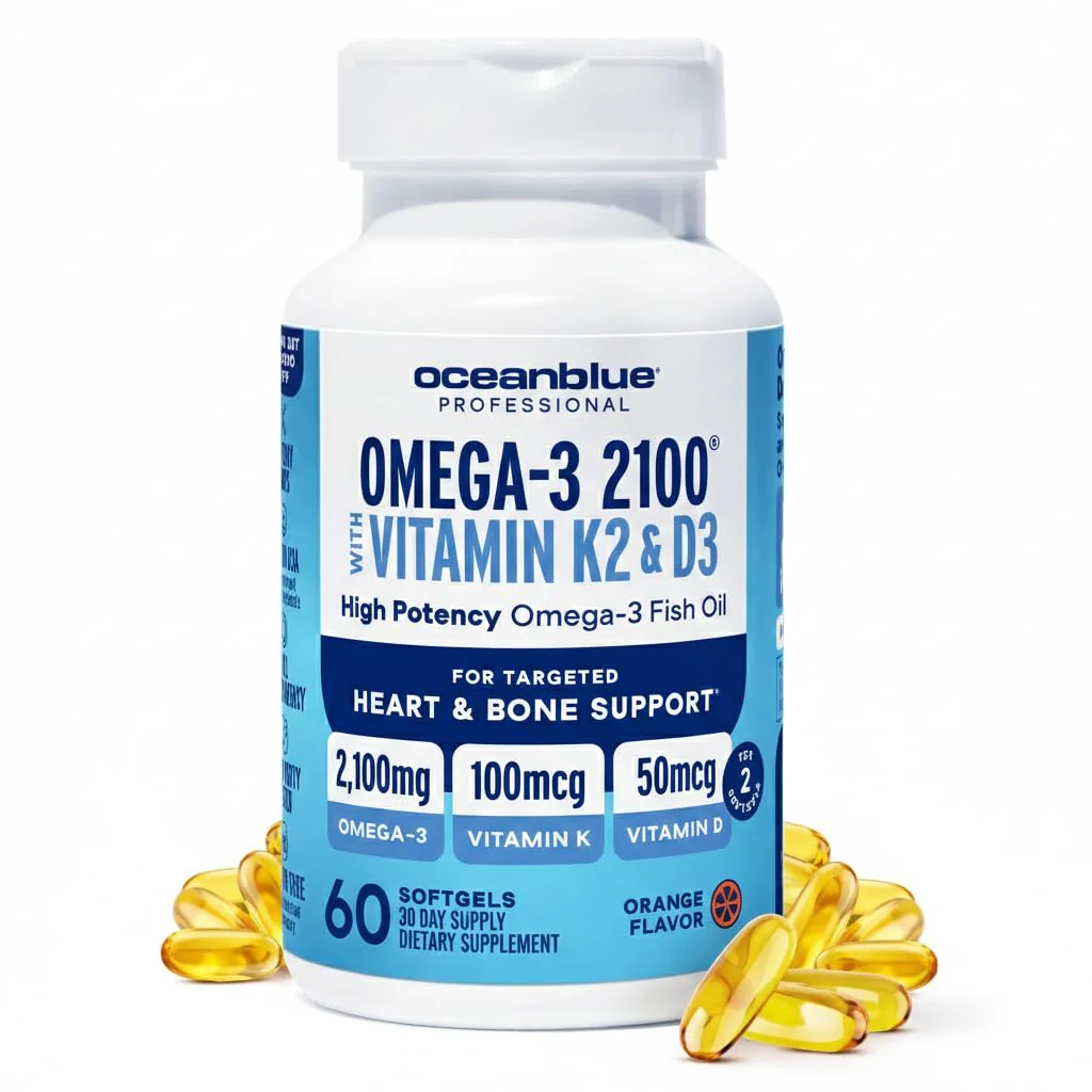 Oceanblue Professional Omega-3 2100 with Vitamin K2 and Vitamin D3-60 Count - Triple Strength Burpless Fish Oil Omega-3 Supplement with EPA, DHA & DPA - Wild Caught - Orange Flavor, 30 Servings