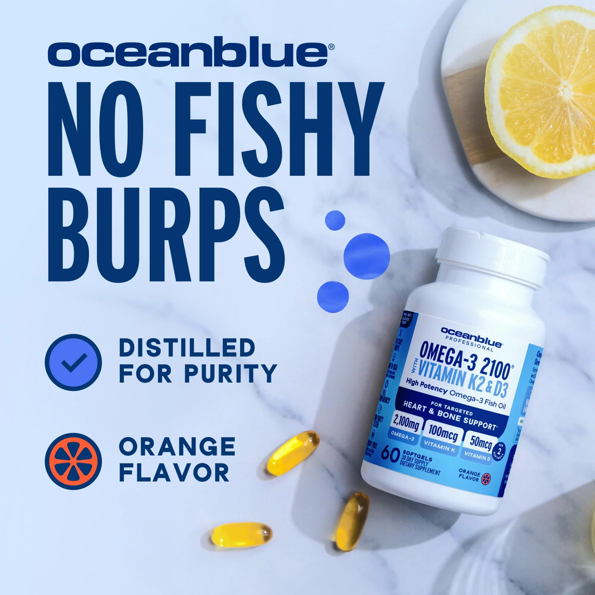 Oceanblue Professional Omega-3 2100 with Vitamin K2 and Vitamin D3-60 Count - Triple Strength Burpless Fish Oil Omega-3 Supplement with EPA, DHA & DPA - Wild Caught - Orange Flavor, 30 Servings - Image 6